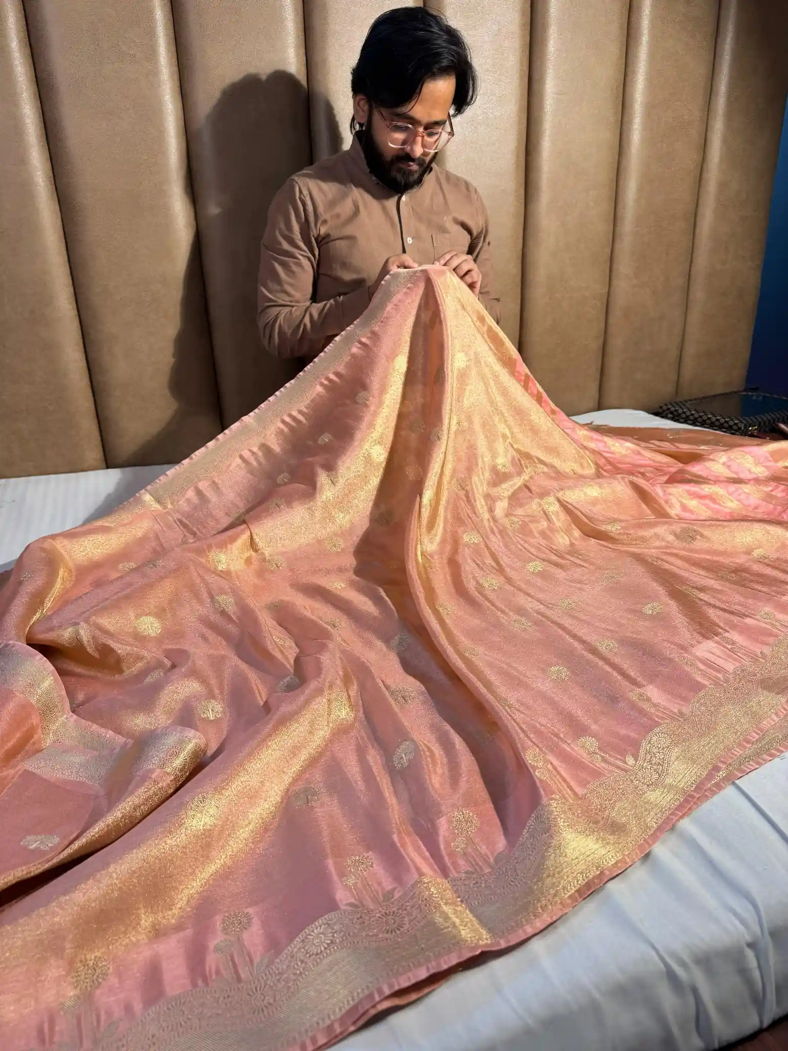 Baby Peach Breathable Katan Tissue Silk Traditional Buta Banarasi Saree - Image 3