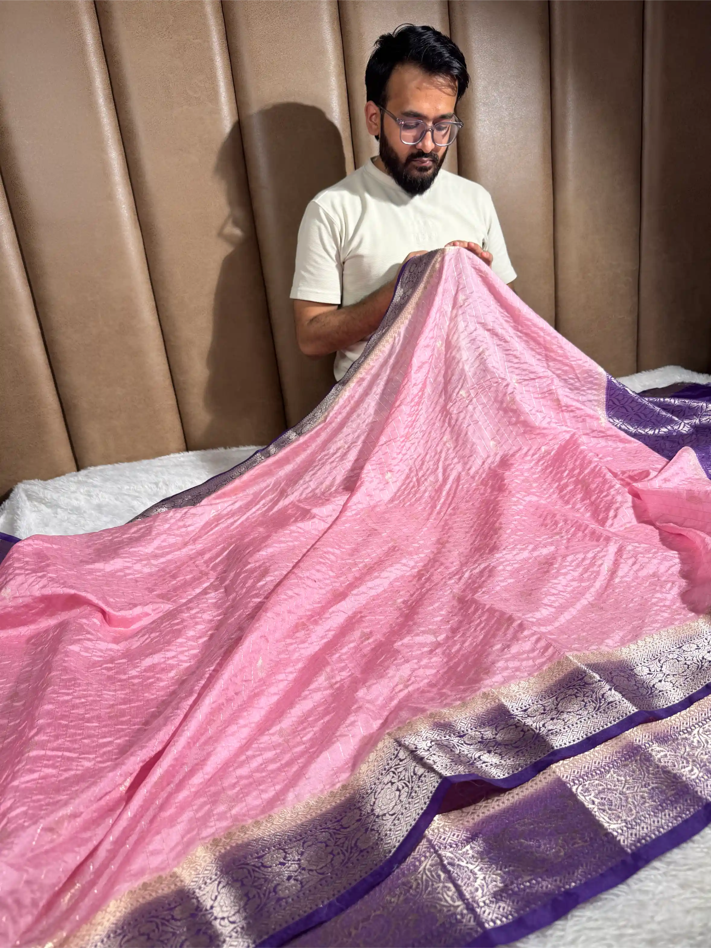 Baby Pink Chinia Silk with Contrast Purple Border Banarasi Saree - Image 3