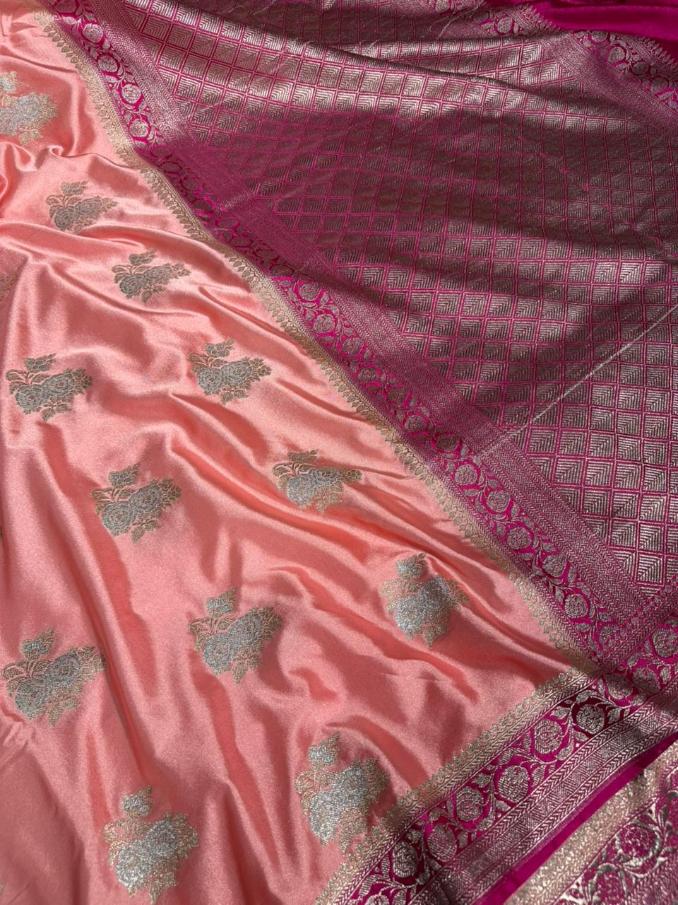 Baby Pink Mashru Katan Silk Silver Meenakari Banarasi Saree - Image 2