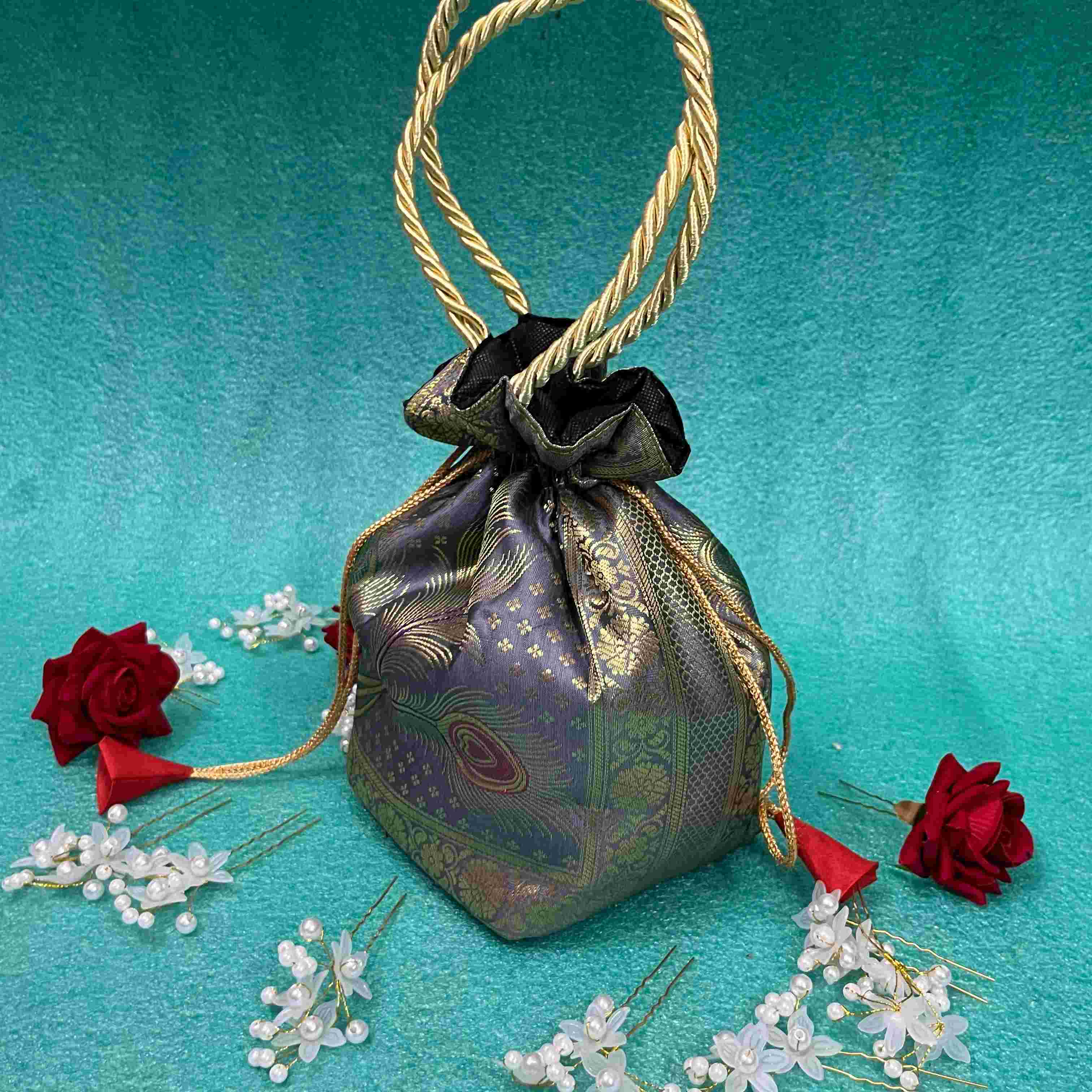 Gray Elegance Banarasi Potli Bags - Image 5