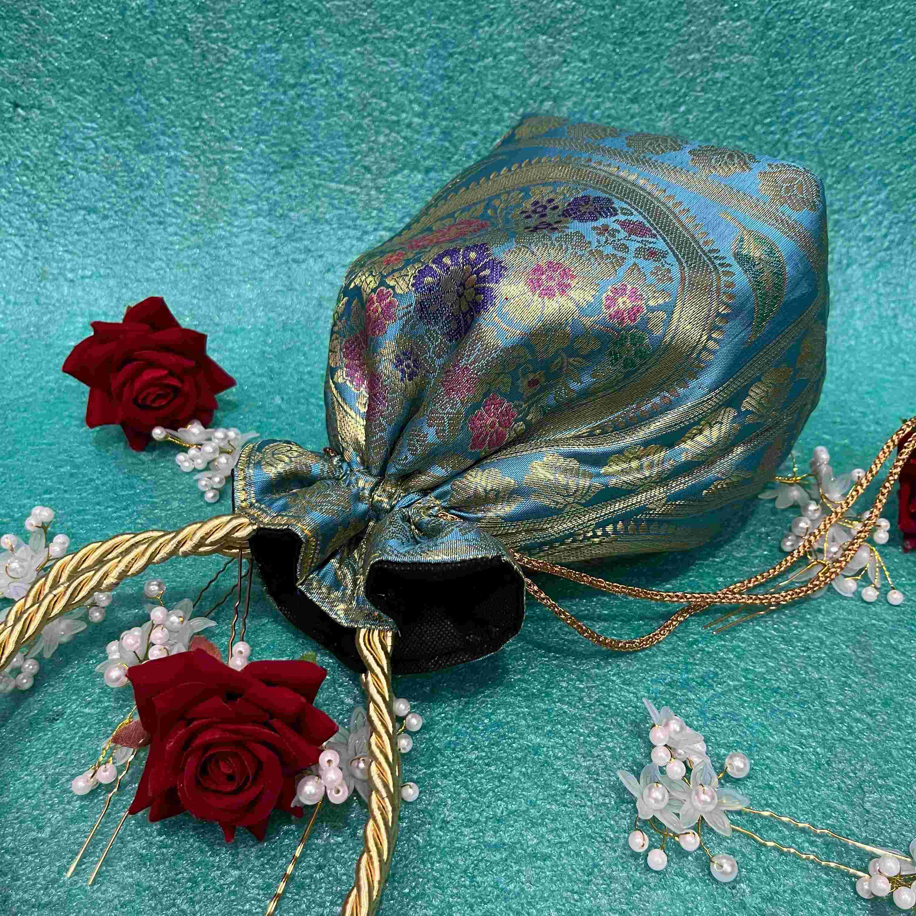 Light Blue Ethnic Banarasi Potli Bags - Image 3