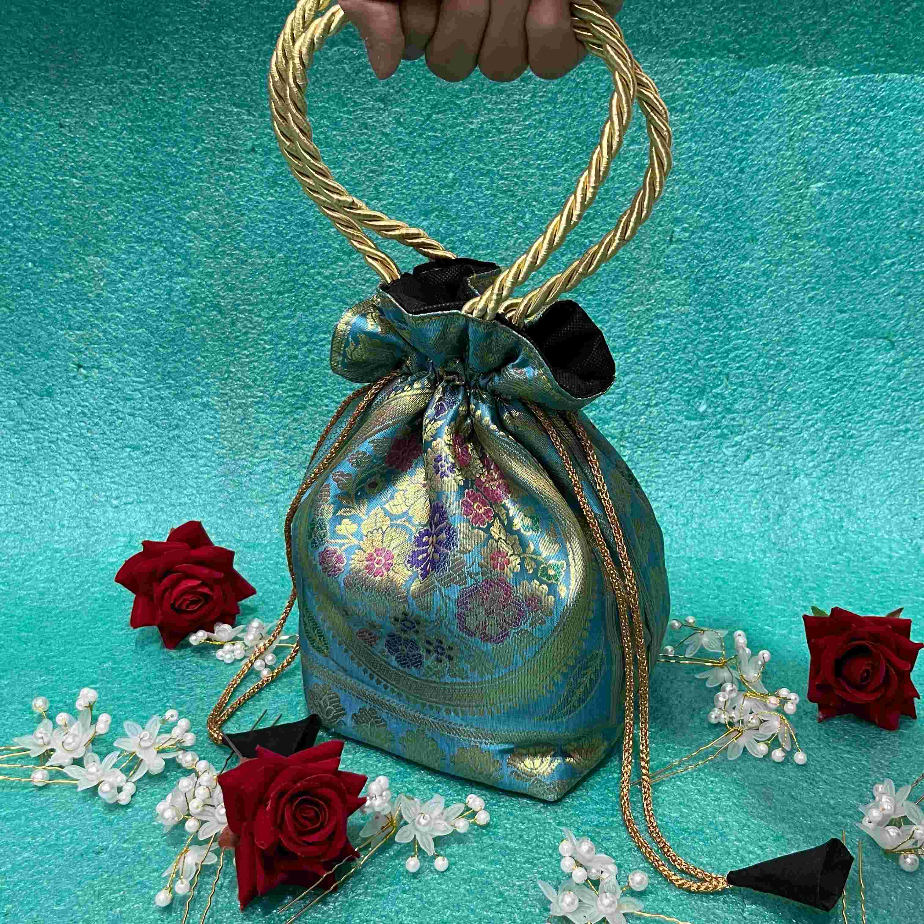 Light Blue Ethnic Banarasi Potli Bags - Image 4