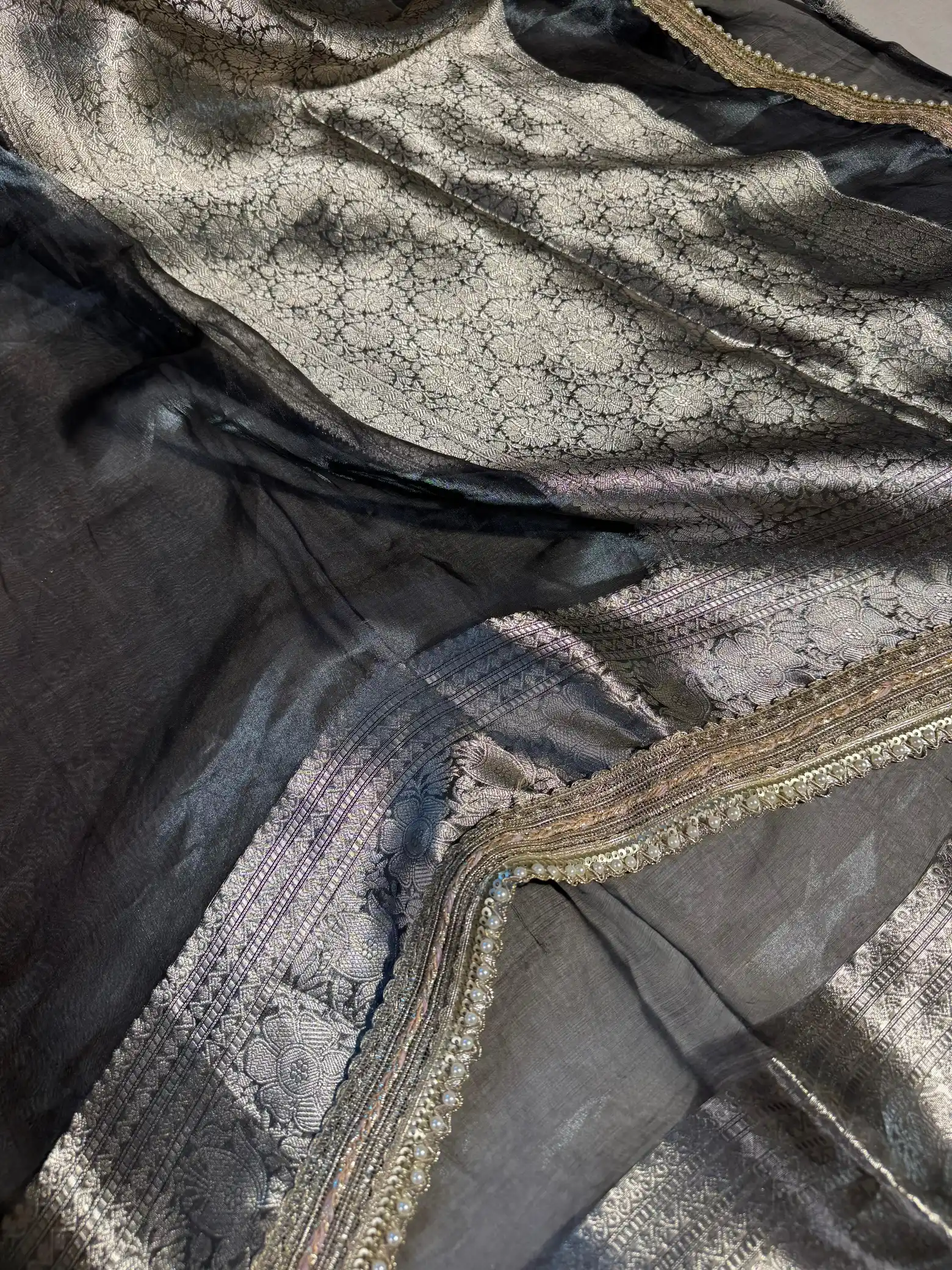 Black Pure Banarasi tissue silk saree with exclusive lacework and rich pallu - Image 3