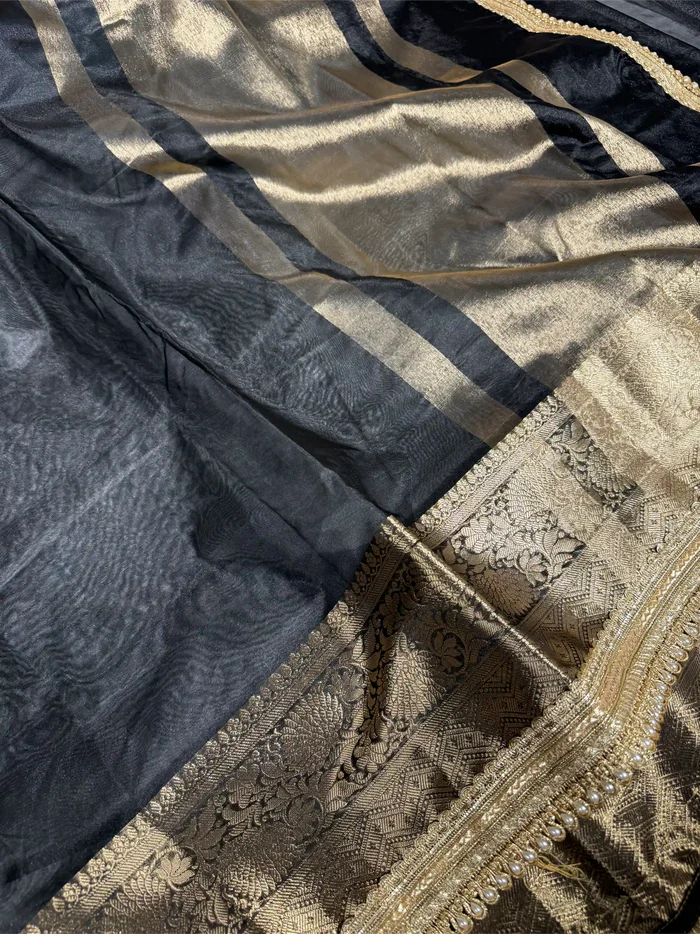 Black Tissue Silk Designer Lace Attached Banarasi Saree - Image 3