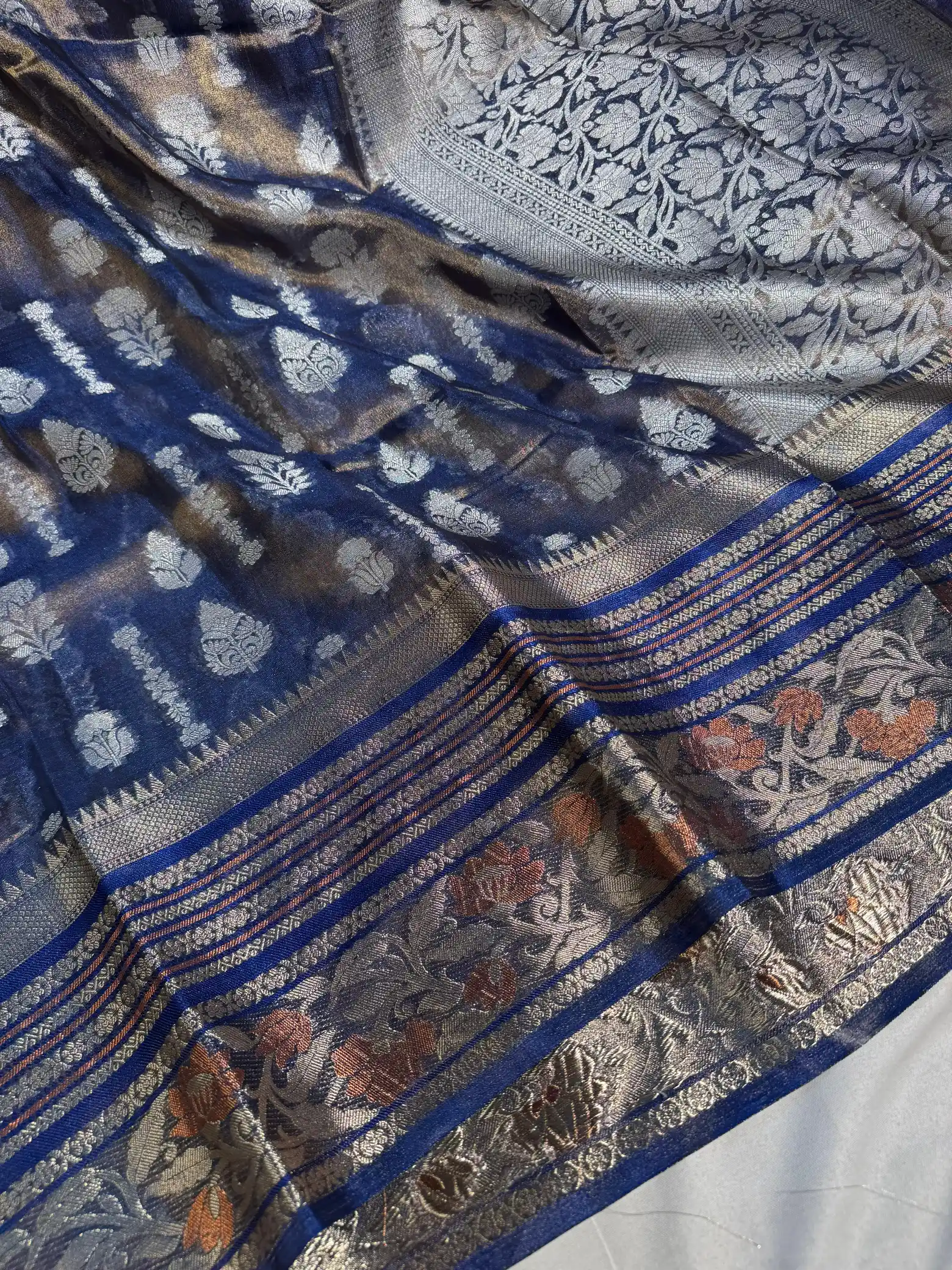 Blue Copper Paper Tissue Silk Saree with Rich Zari Pallu and Blouse - Image 2