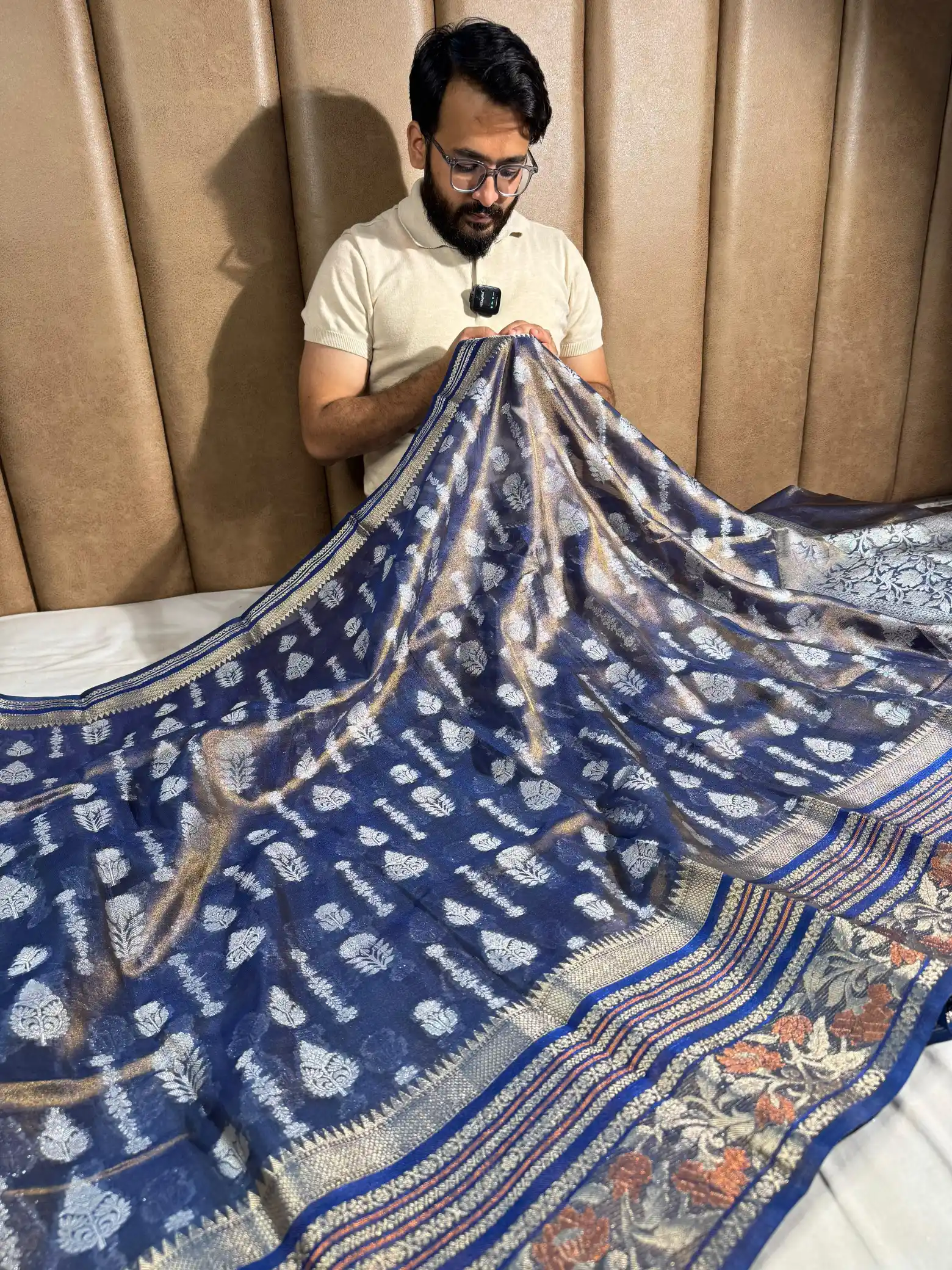 Blue Copper Paper Tissue Silk Saree with Rich Zari Pallu and Blouse - Image 3