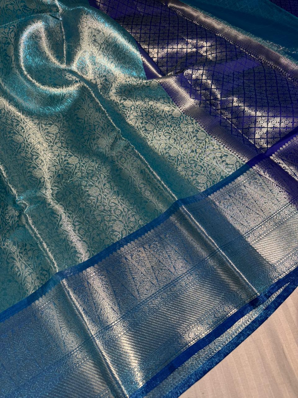 Blue Kanjivaram Bridal Tissue Silk Saree with Rich pallu and blouse - Image 2
