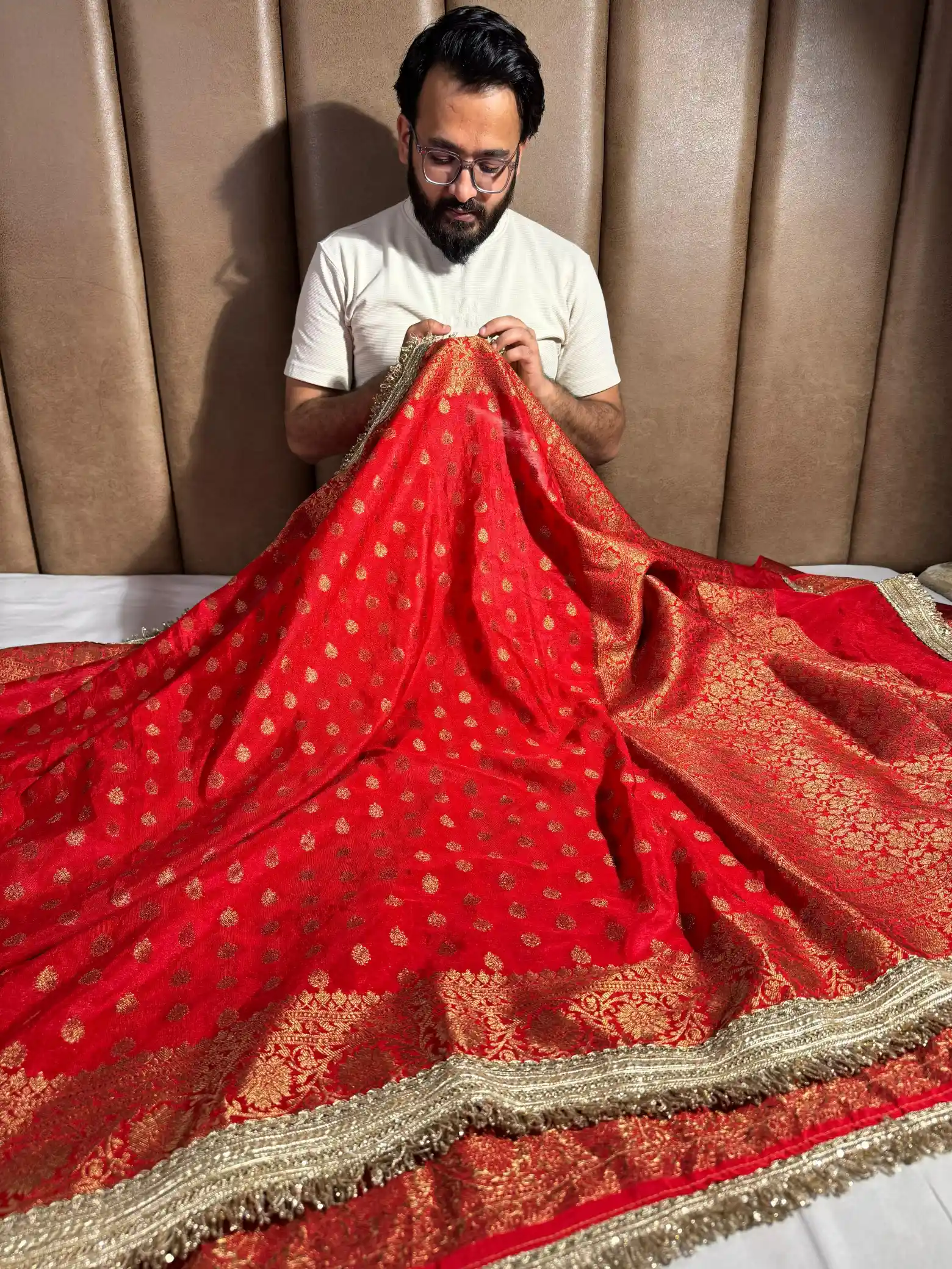 Bridal Red Georgette Silk Lace Work Banarasi Saree - Image 2