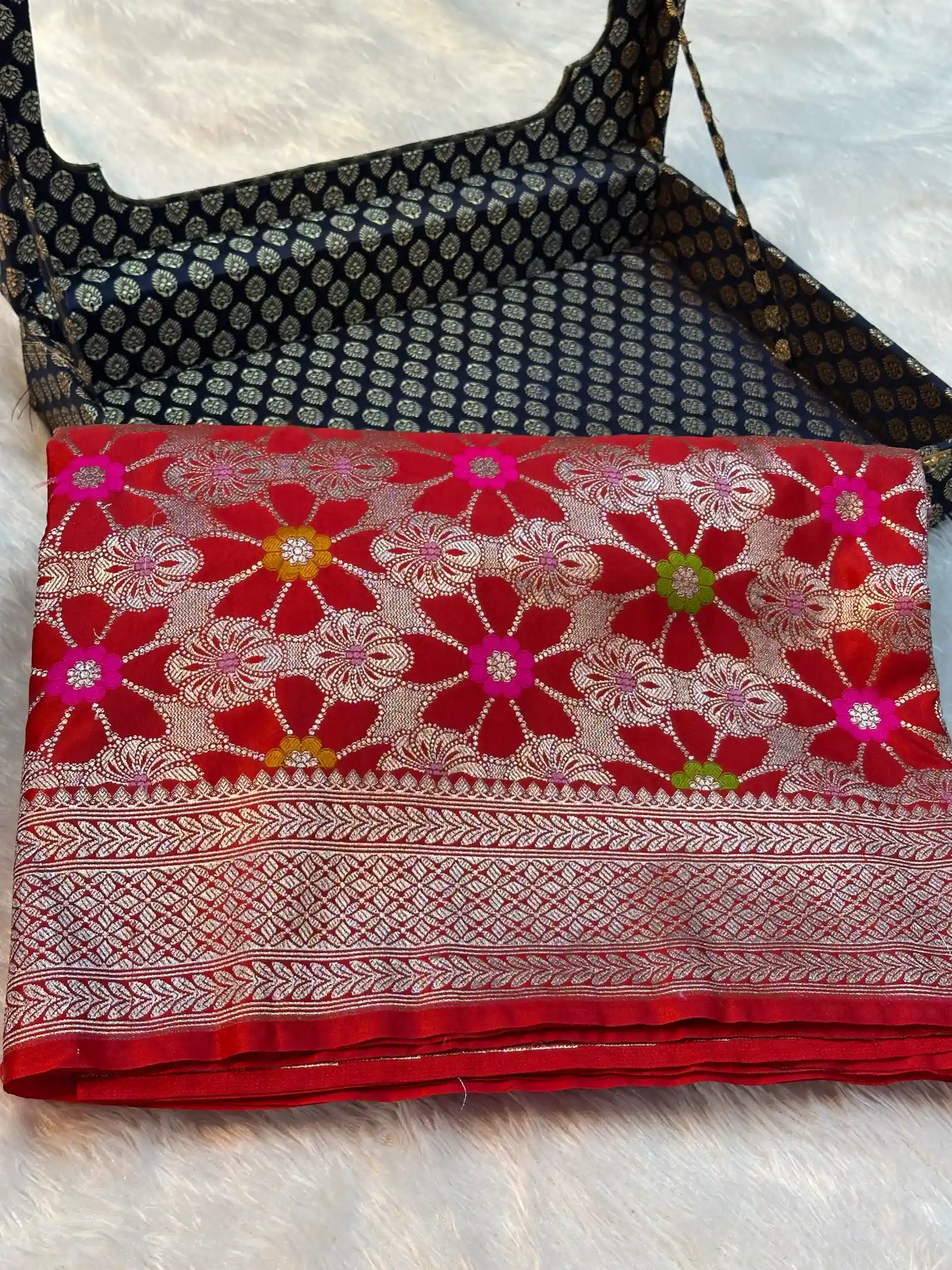 Bridal Red Mashru Katan Silk Eccentric Meenakari Banarasi Saree - Image 4