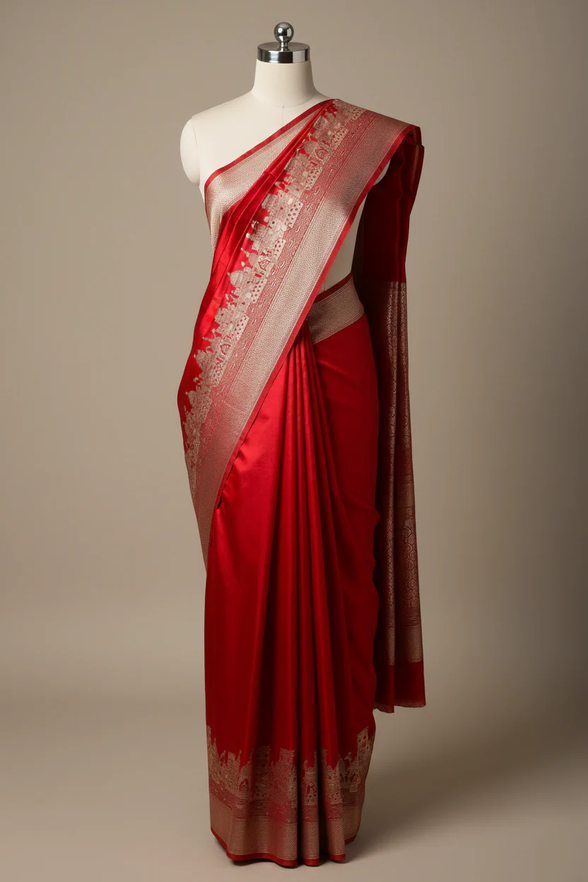 Bridal Red Mashru Katan Silk Ghats of Banaras Weave Banarasi Saree - Image 2