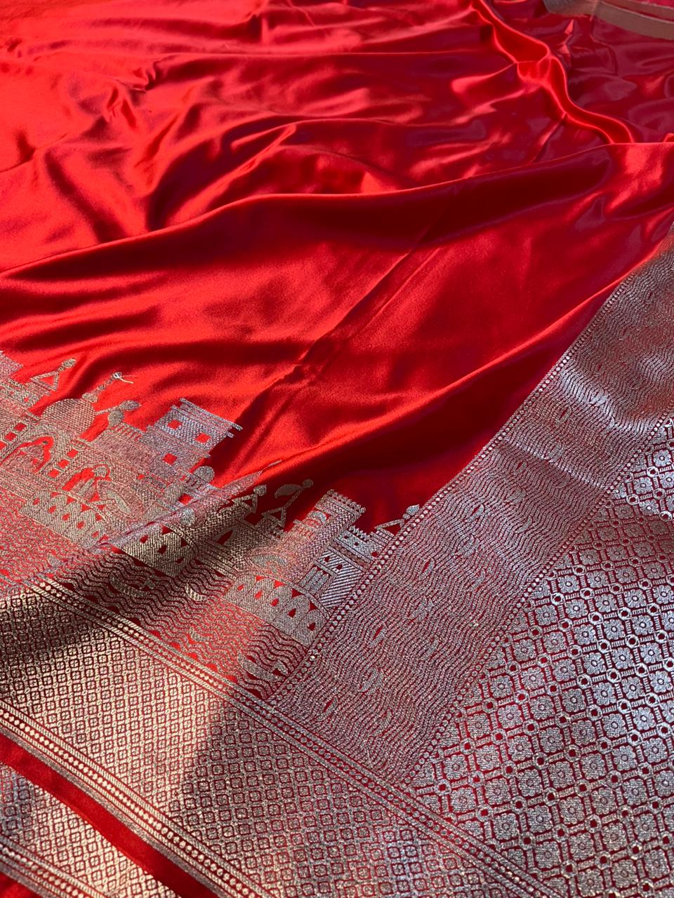 Bridal Red Mashru Katan Silk Ghats of Banaras Weave Banarasi Saree - Image 3