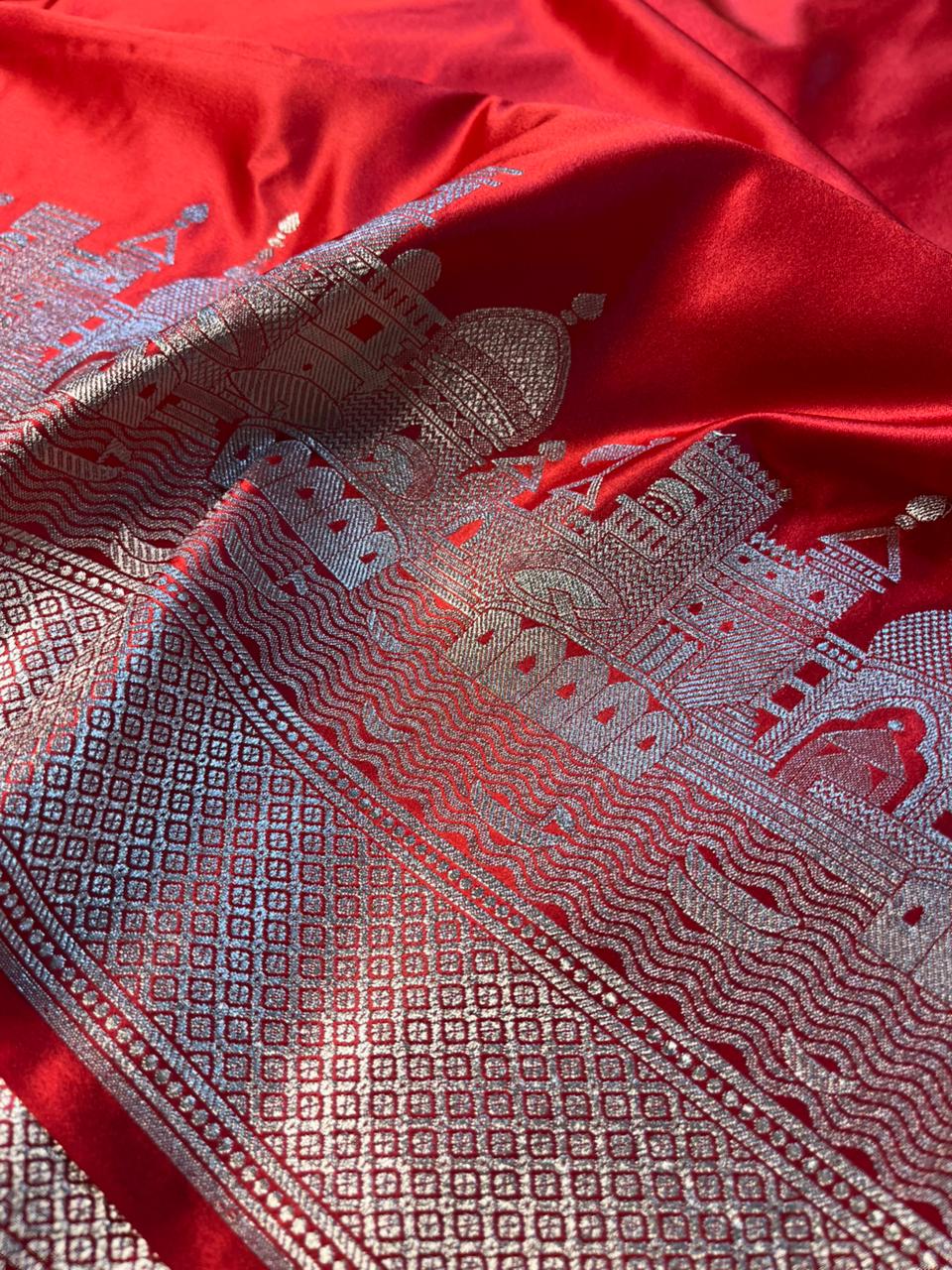 Bridal Red Mashru Katan Silk Ghats of Banaras Weave Banarasi Saree - Image 4