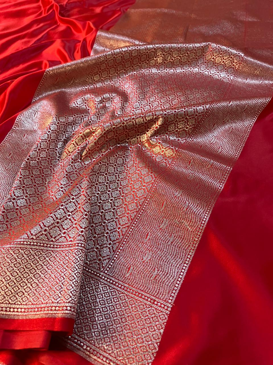 Bridal Red Mashru Katan Silk Ghats of Banaras Weave Banarasi Saree - Image 5