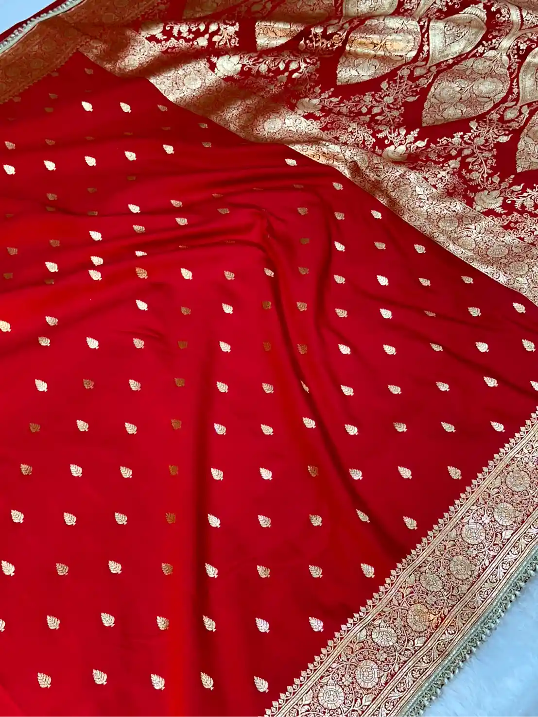 Bridal Red Satin Silk Moti Lace Work Banarasi Saree - Image 3