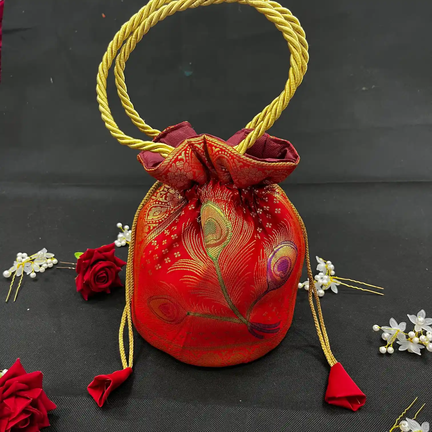 Bridal Red Shade Banarasi Potli Bags - Image 2