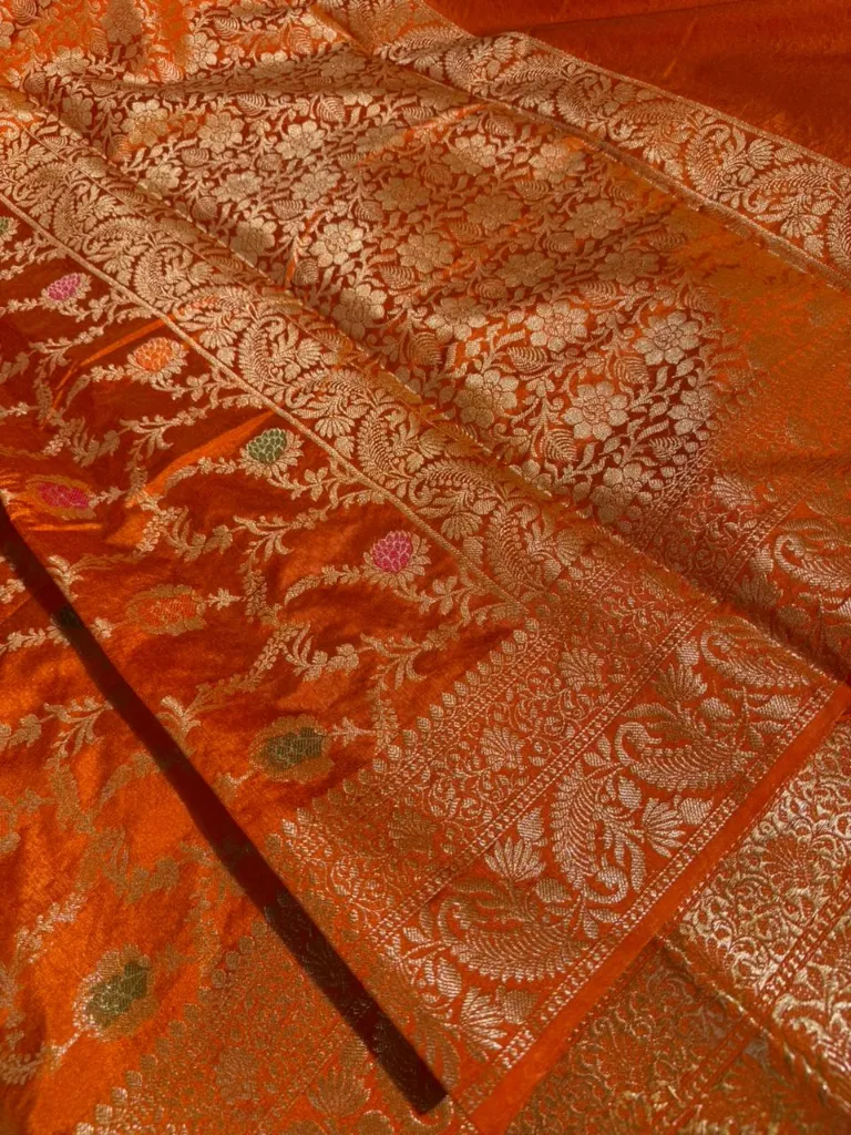 Bright orange floral Meenakari warm silk Banarasi saree - Image 2