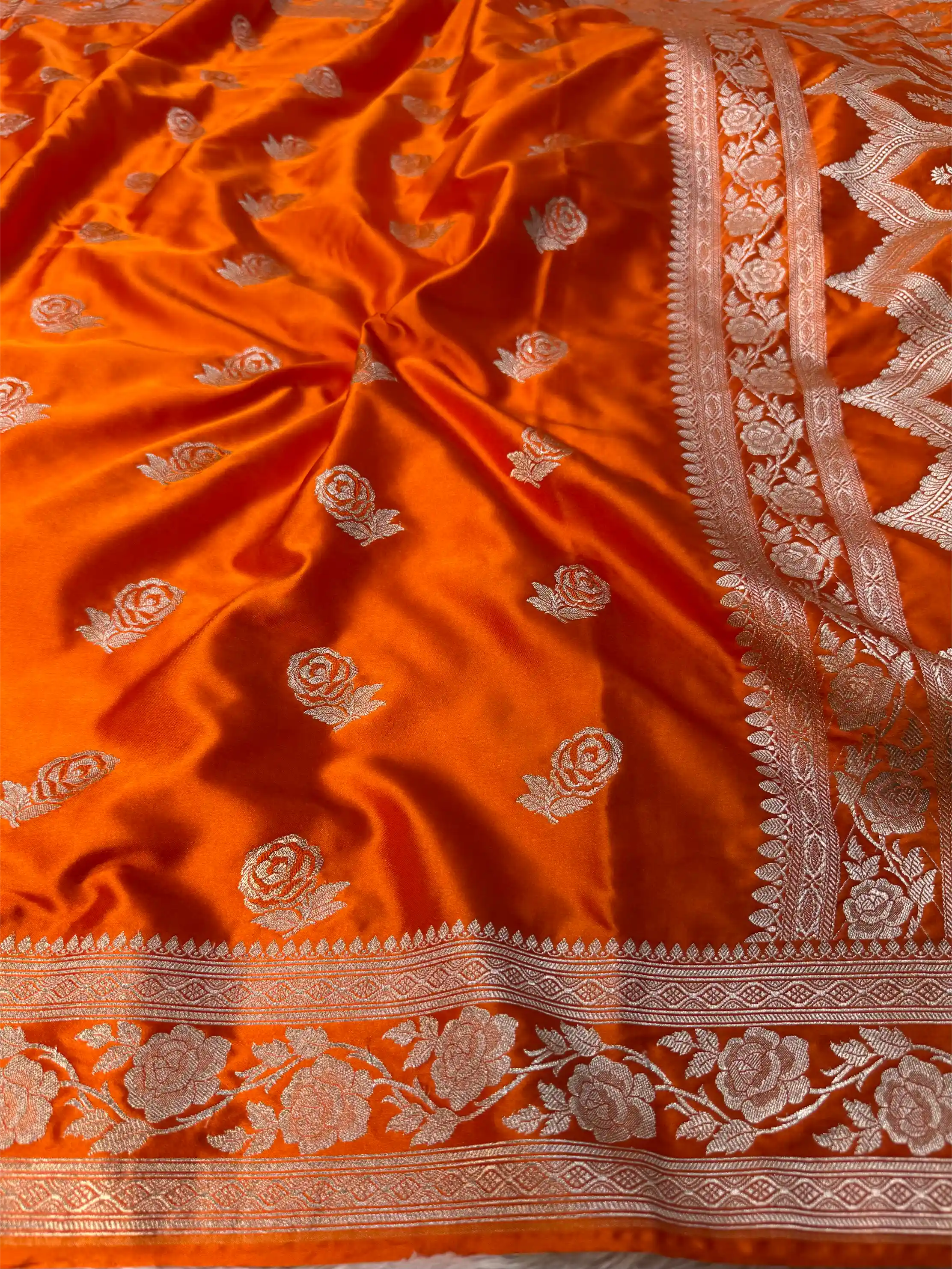 Bright Orange Mashru Katan Silk Golden Zari Floral Buta Banarasi Saree - Image 2