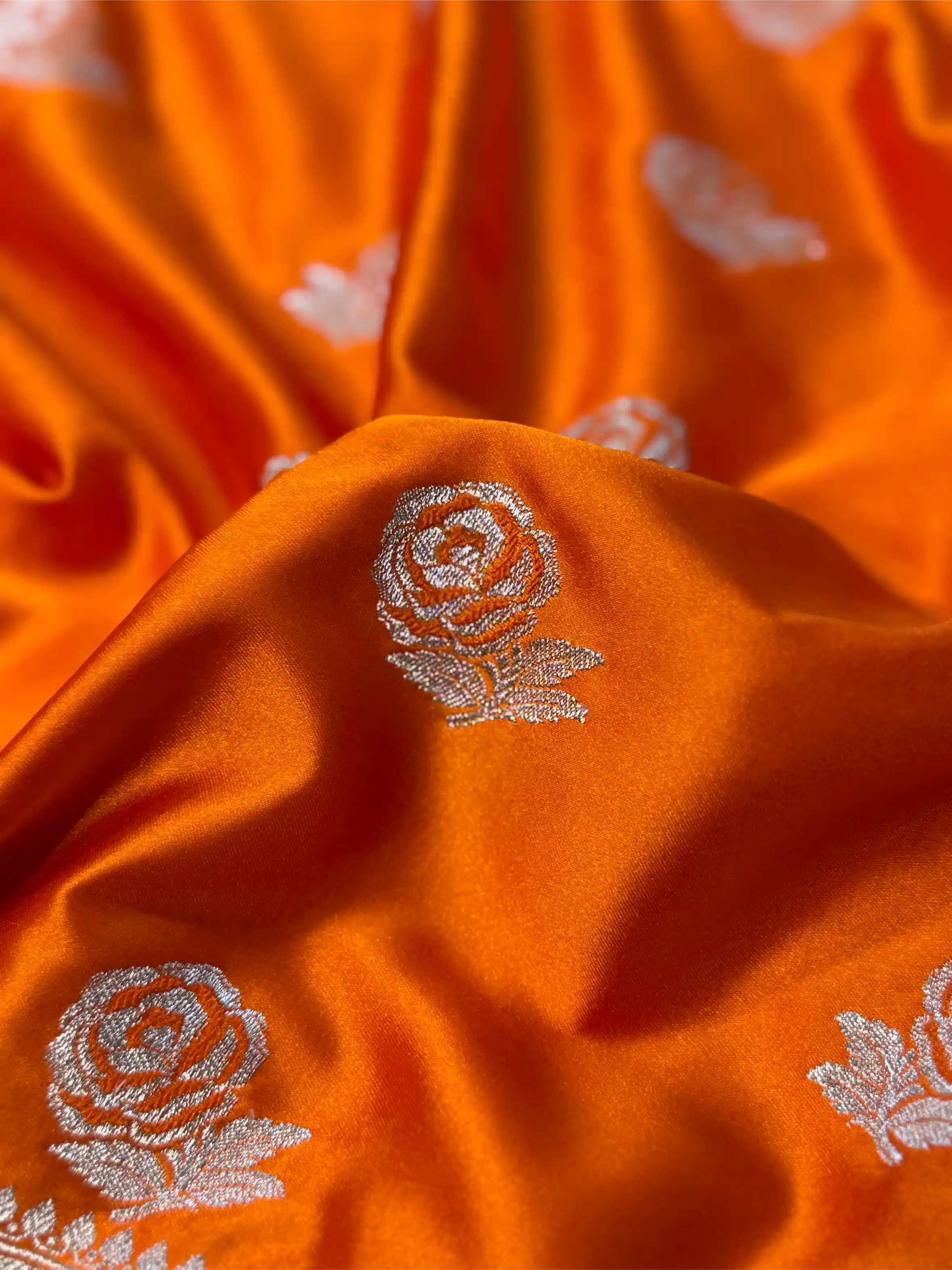 Bright Orange Mashru Katan Silk Golden Zari Floral Buta Banarasi Saree - Image 3