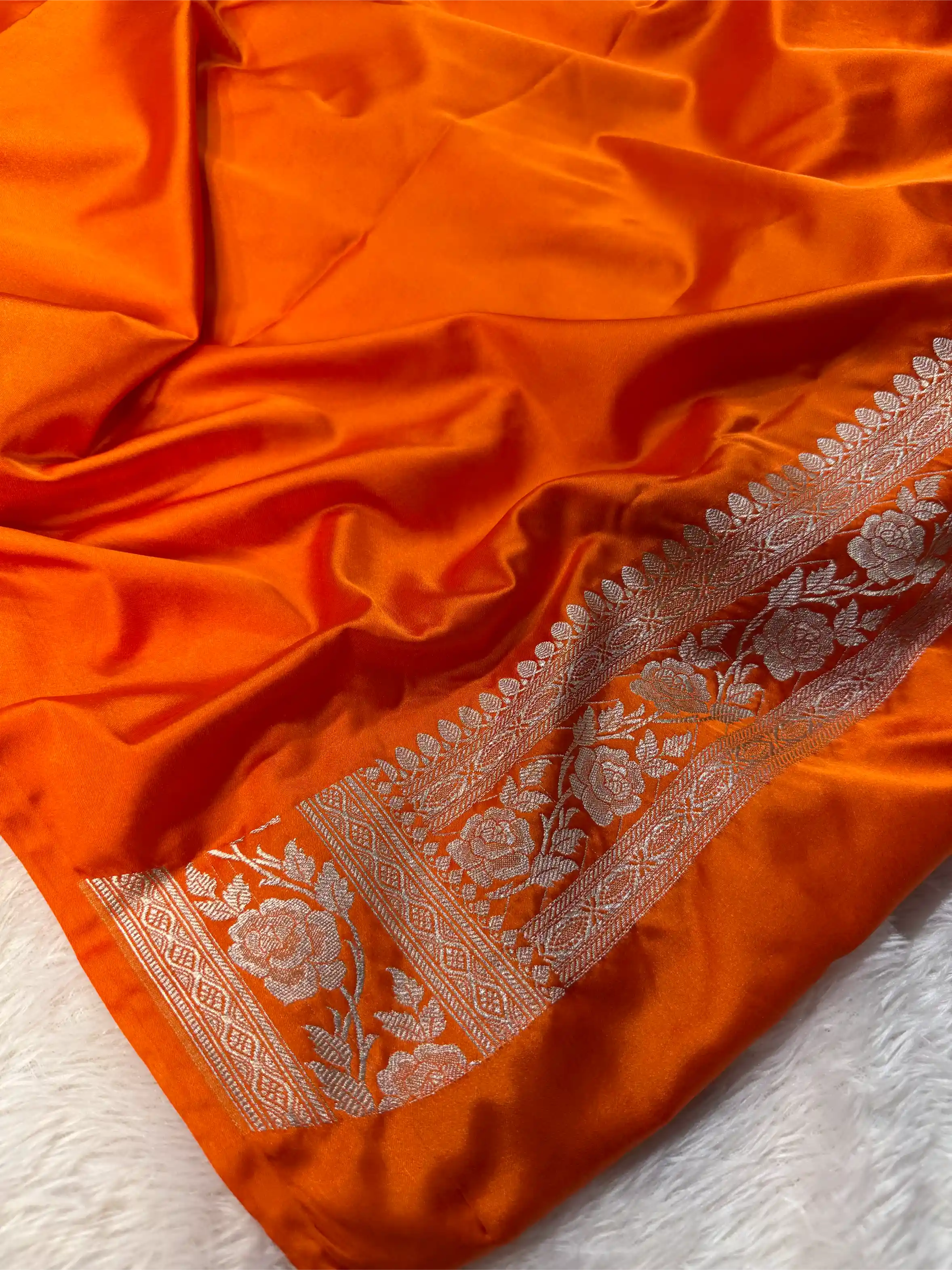 Bright Orange Mashru Katan Silk Golden Zari Floral Buta Banarasi Saree - Image 6