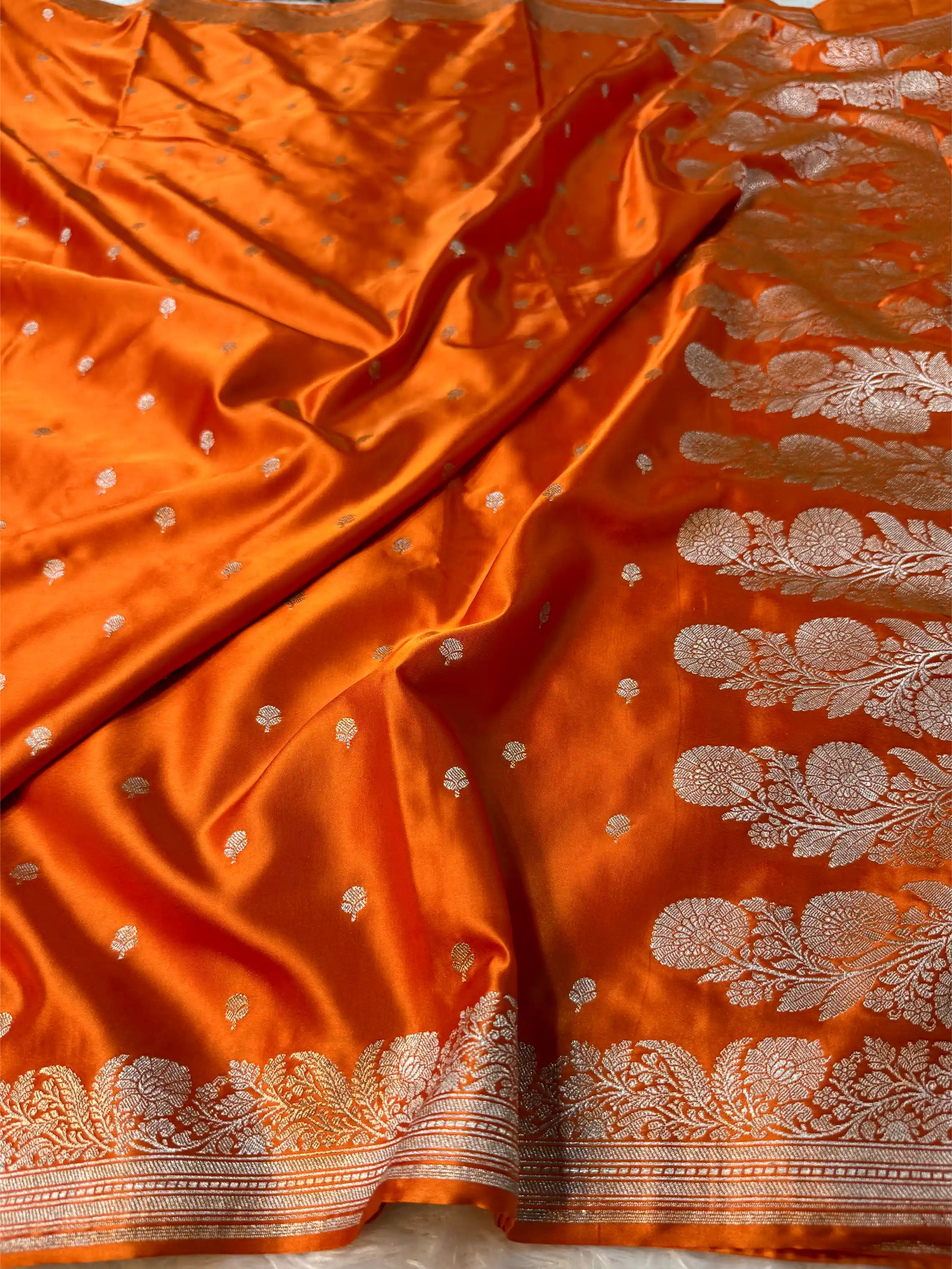 Bright Orange Mashru Katan Silk Heritage Banarasi Saree - Image 4