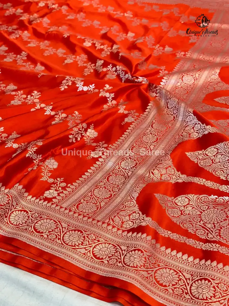 Bright Orange Mashru Katan Silk Leheriya Weave Banarasi Saree - Image 2