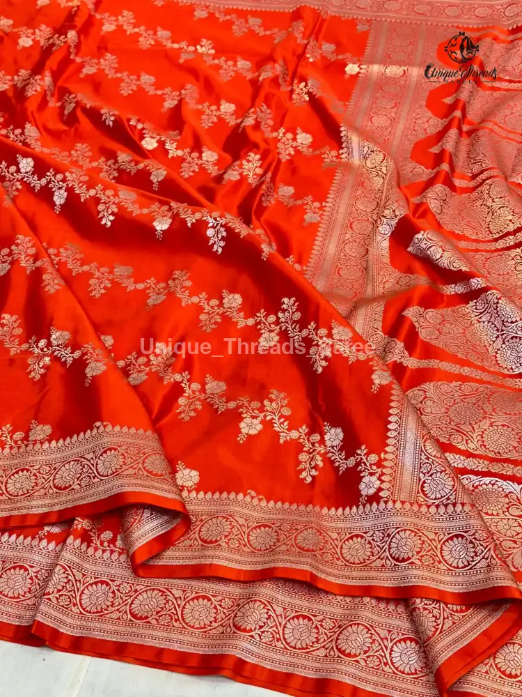 Bright Orange Mashru Katan Silk Leheriya Weave Banarasi Saree - Image 7