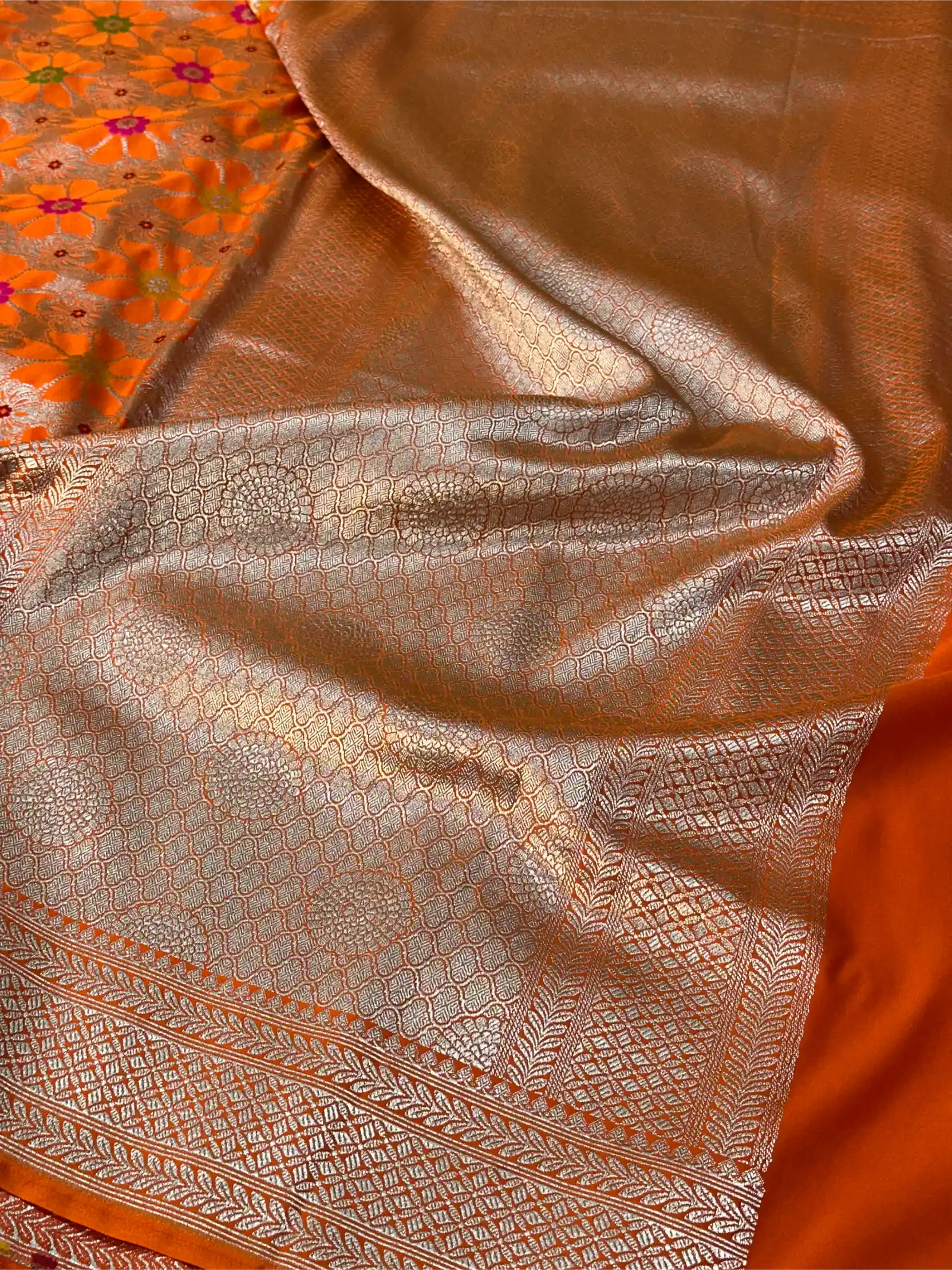 Bright Orange Mashru Katan Silk Meenakari Weave Banarasi Saree - Image 7