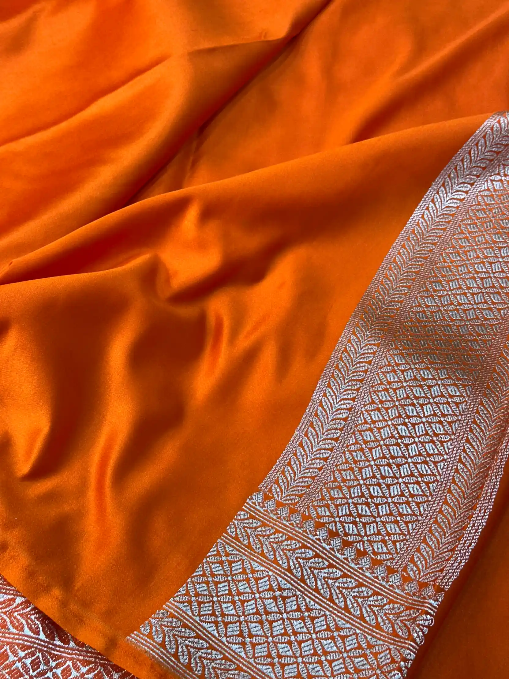 Bright Orange Mashru Katan Silk Meenakari Weave Banarasi Saree - Image 8