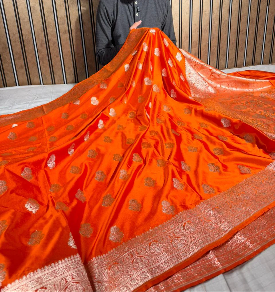 Bright Orange Mashru Katan Silk Traditional Buta Weave Banarasi Saree - Image 3