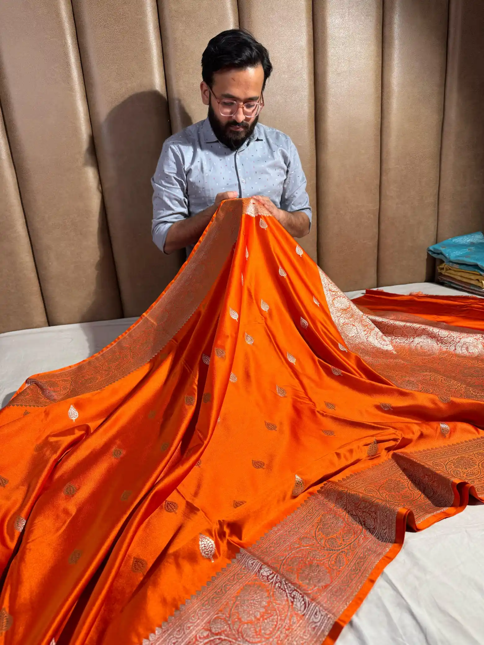 Bright Orange Motifs Weave Mashru Katan Saree - Image 3