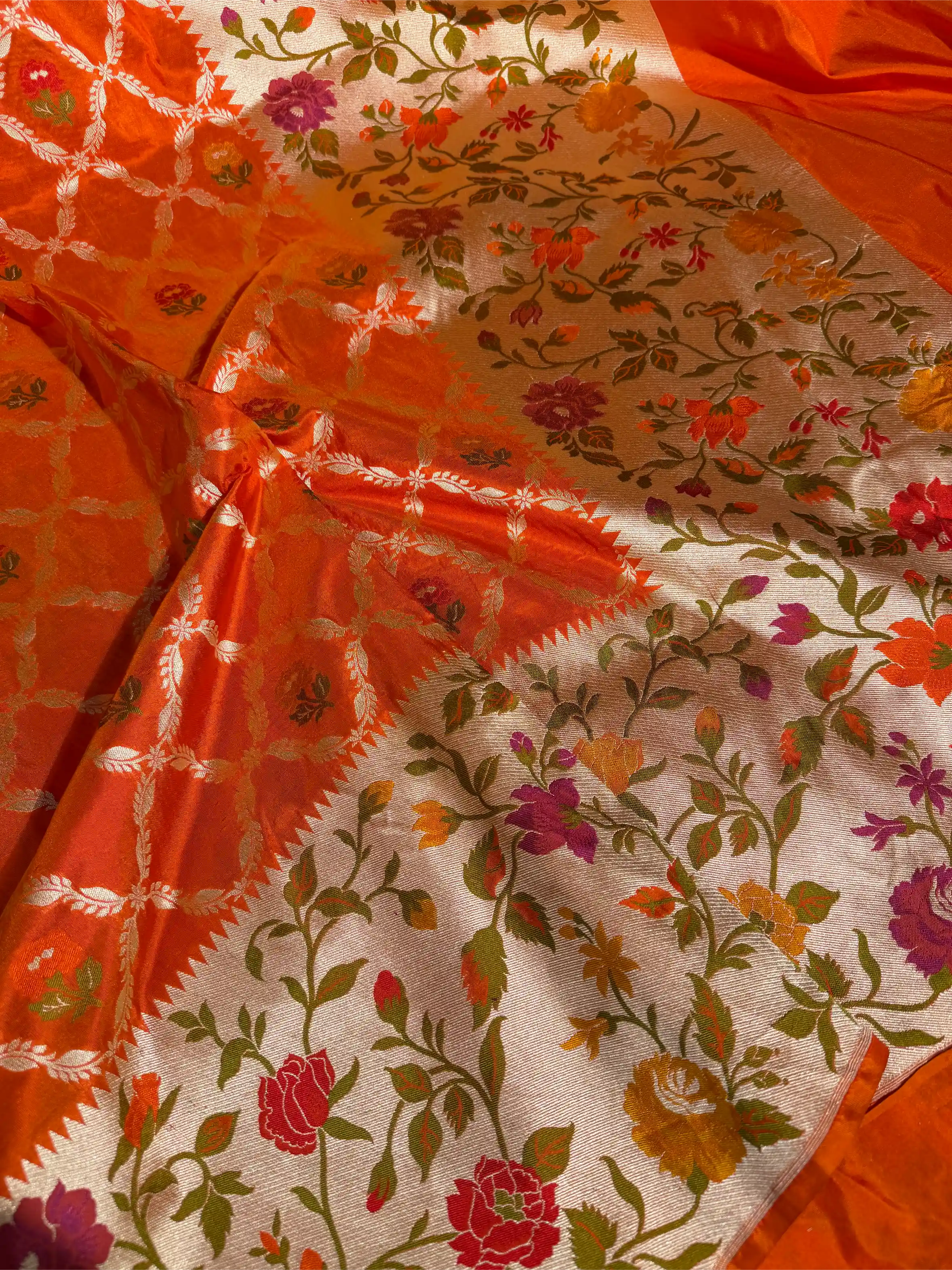 Bright Orange Pure Katan Silk Tilfi Meenakari Banarasi Saree - Image 2