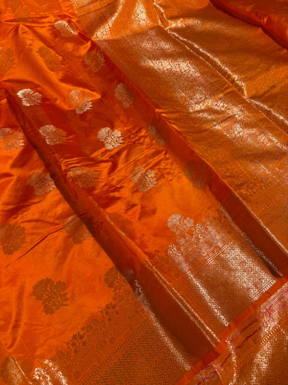 Bright Orange Chinia Silk Traditional Weave Banarasi Saree - Image 2