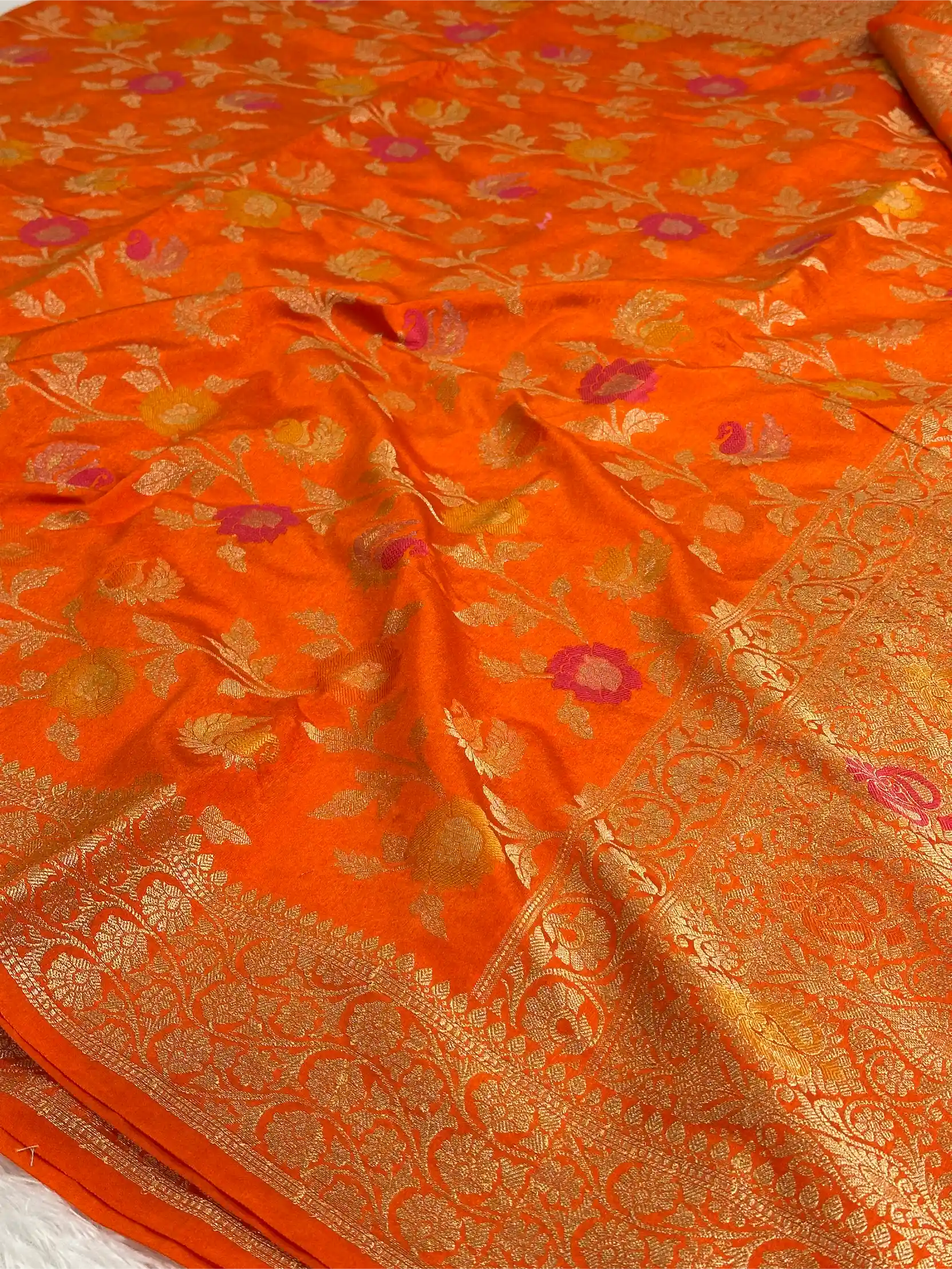 Bright Orange Warm Silk Tilfi Meenakari Banarasi Saree - Image 2