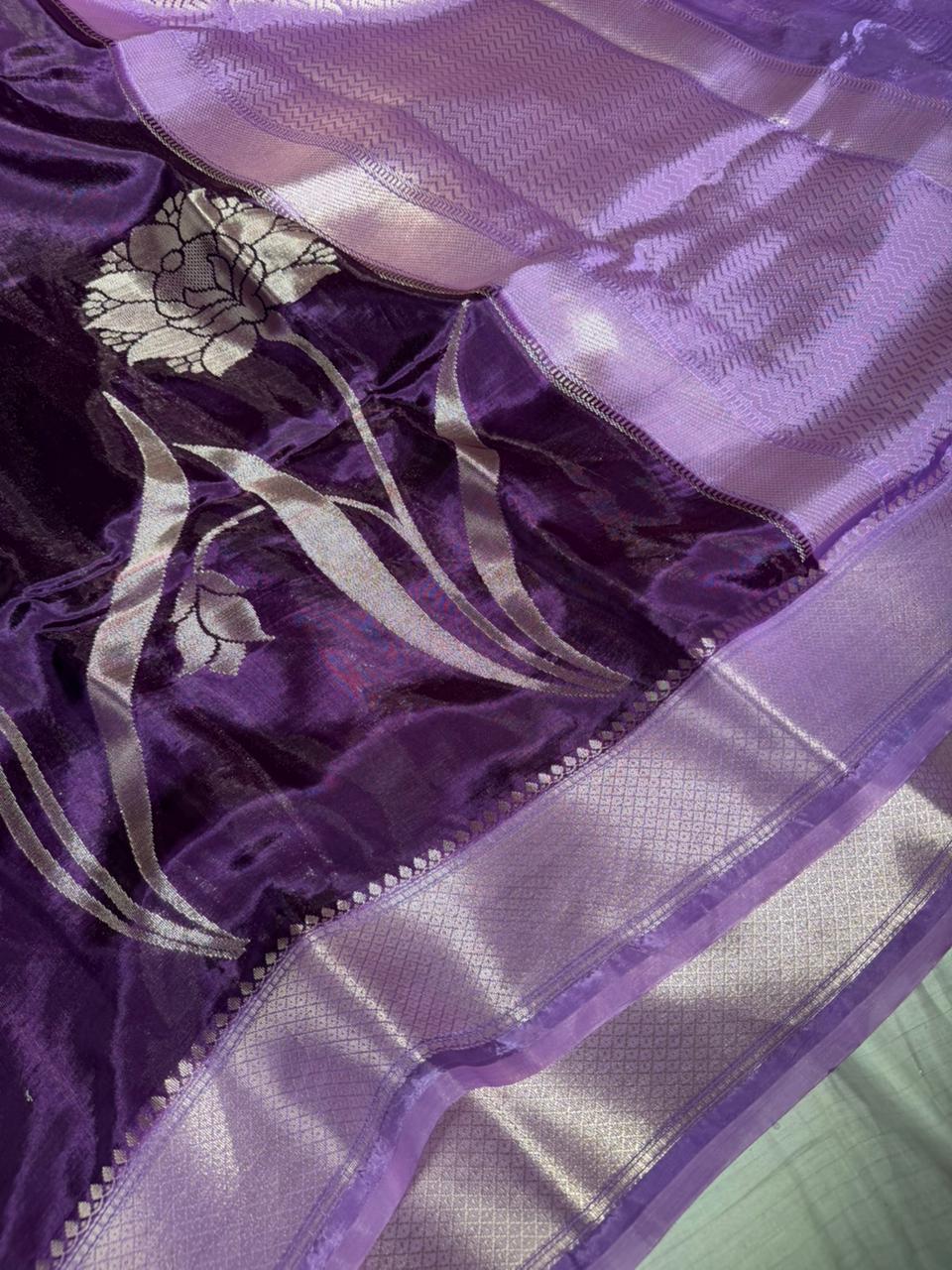 Bright Purple Chinia Silk Heritage Weave Banarasi Saree - Image 2