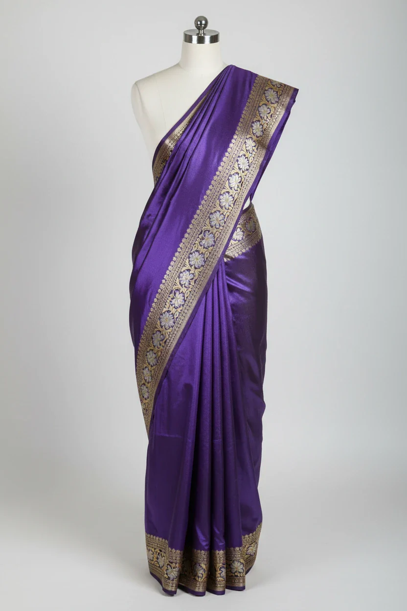 Bright Purple Pure Katan Silk Iktara Handwoven Banarasi Saree