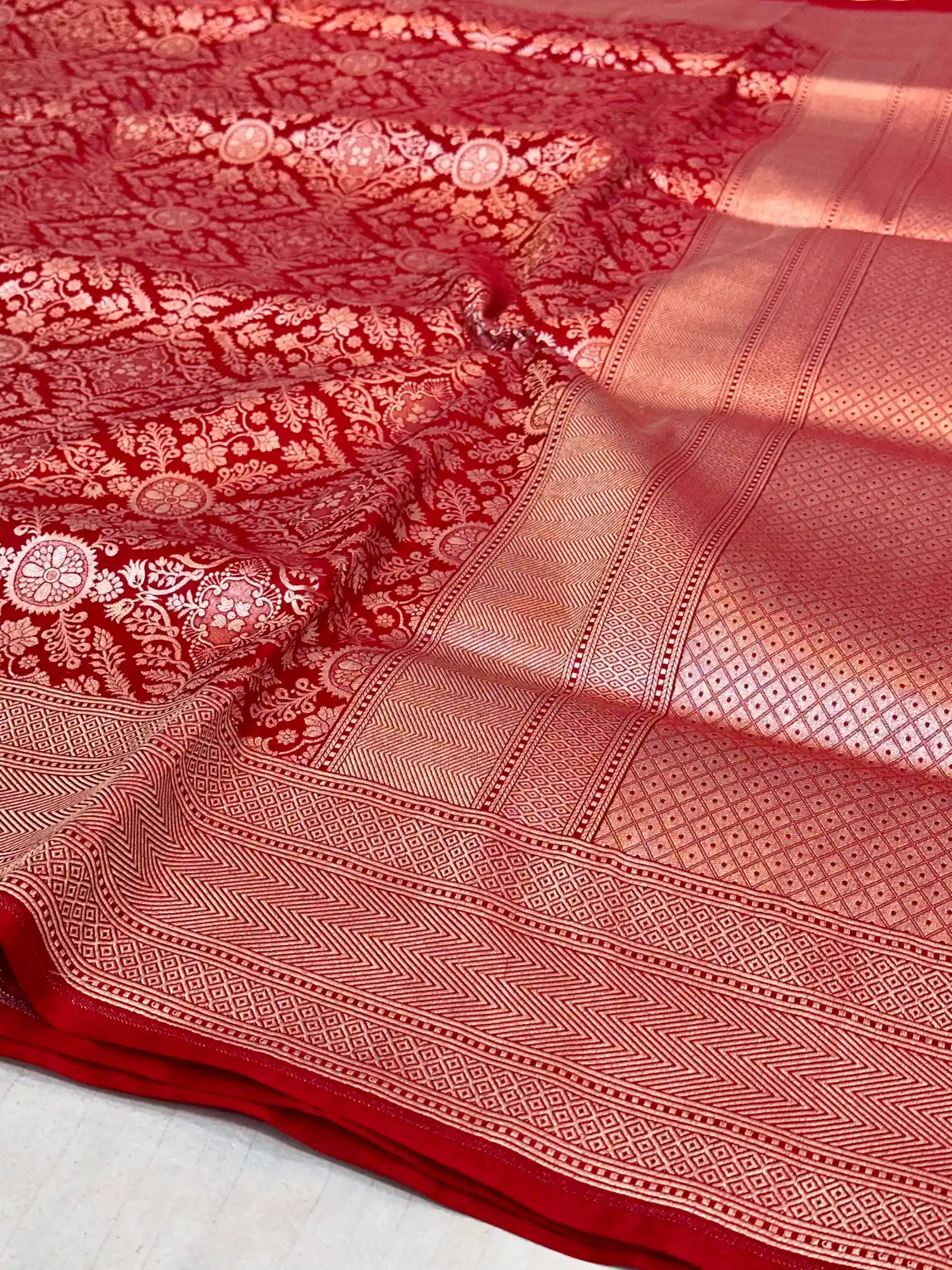 Bright Red Brocade Pure Katan Silk Saree - Image 3