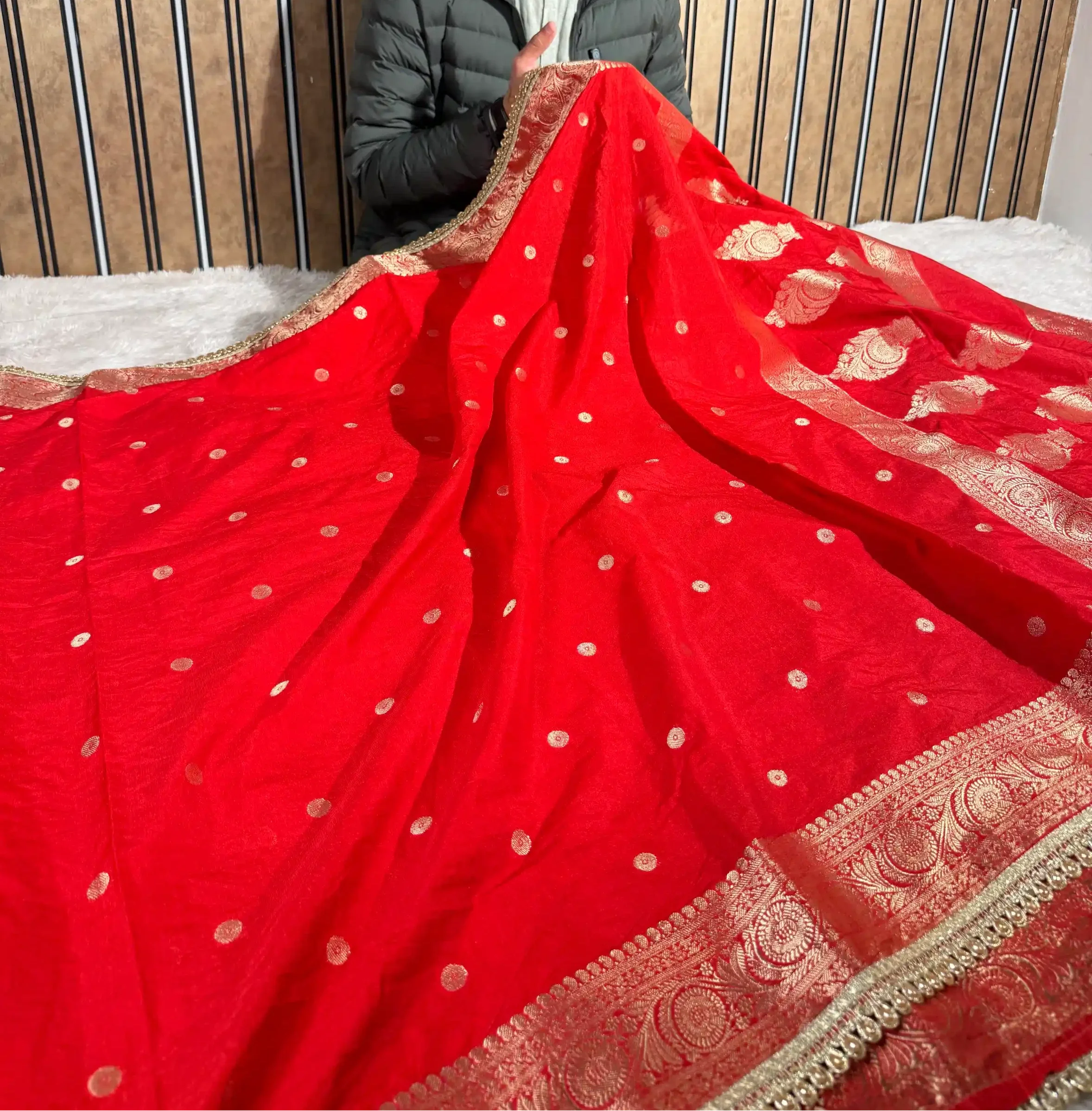 Bright Red Chinia Silk Premium Lace Attached Banarasi Saree - Image 3