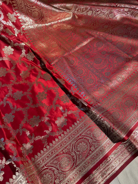 Bright Red Satin Silk Heritage Banarasi Saree - Image 2