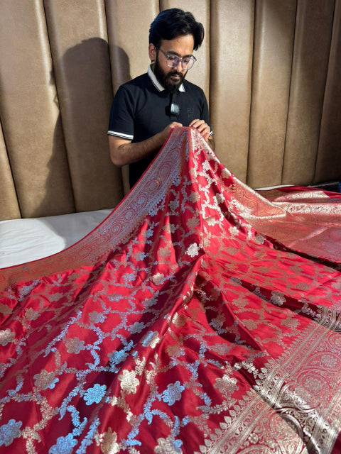 Bright Red Satin Silk Heritage Banarasi Saree - Image 3