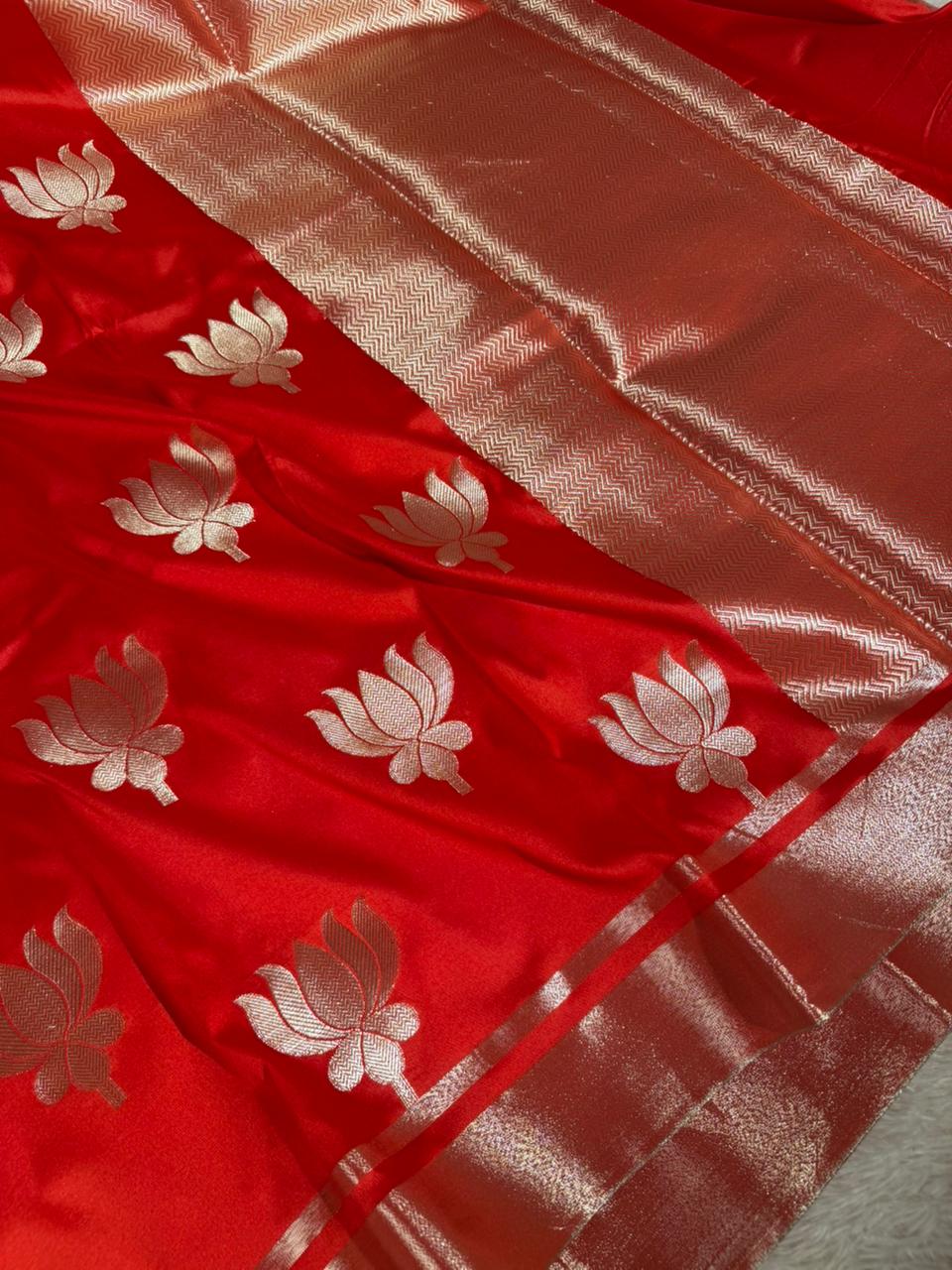 Bright Red Softsilk Lotus Floral Buta Banarasi Saree - Image 3
