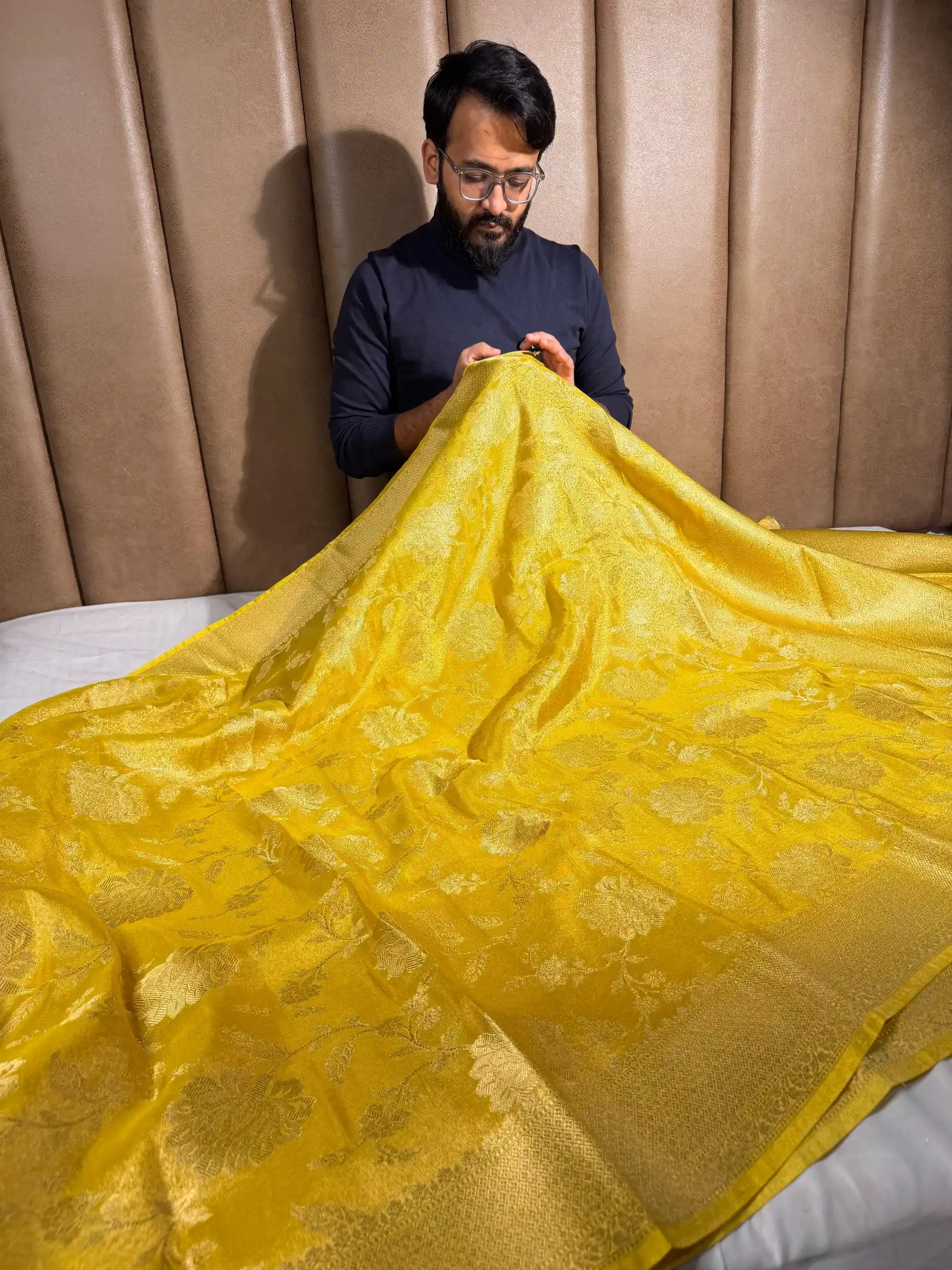 Bright Yellow Breathable Tissue Silk Banarasi Saree - Image 3