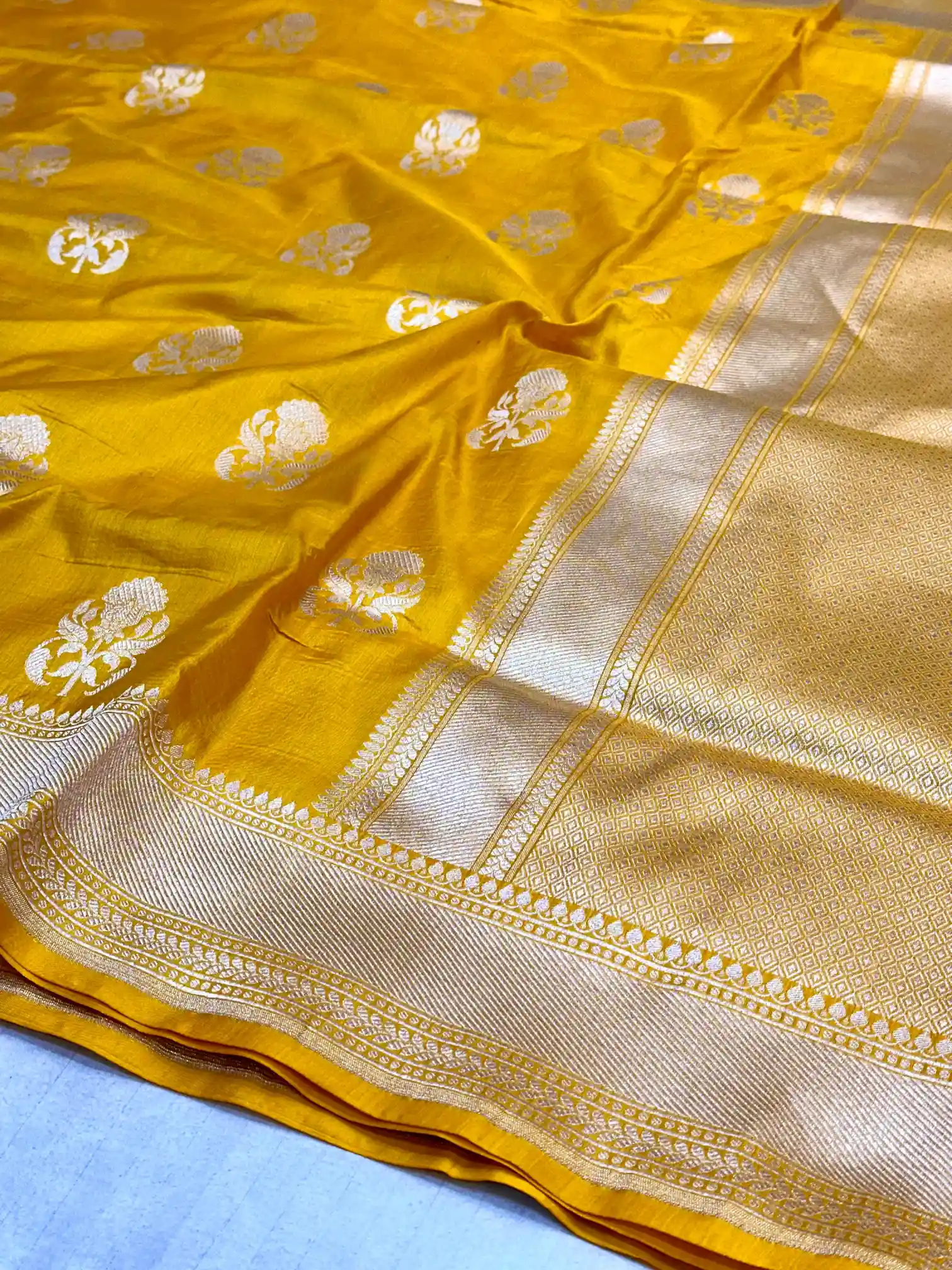Bright Yellow Buta Weave Pure Katan Silk Saree - Image 2
