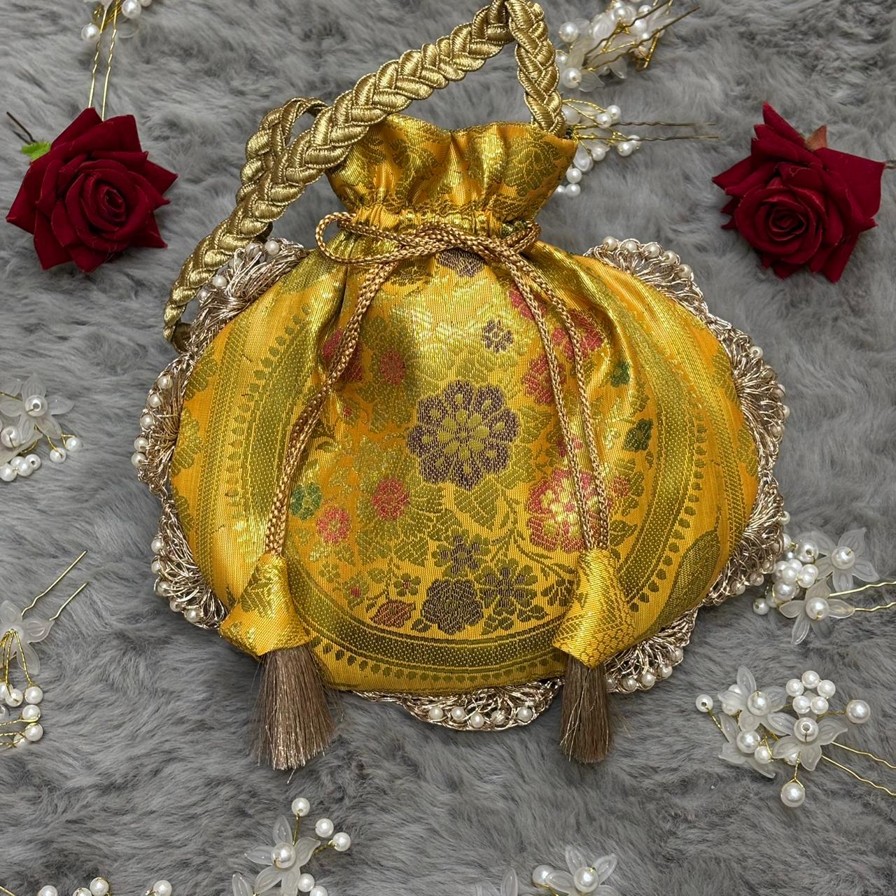 Bright Yellow Eccentric Lace Work Banarasi Potli Bags - Image 2