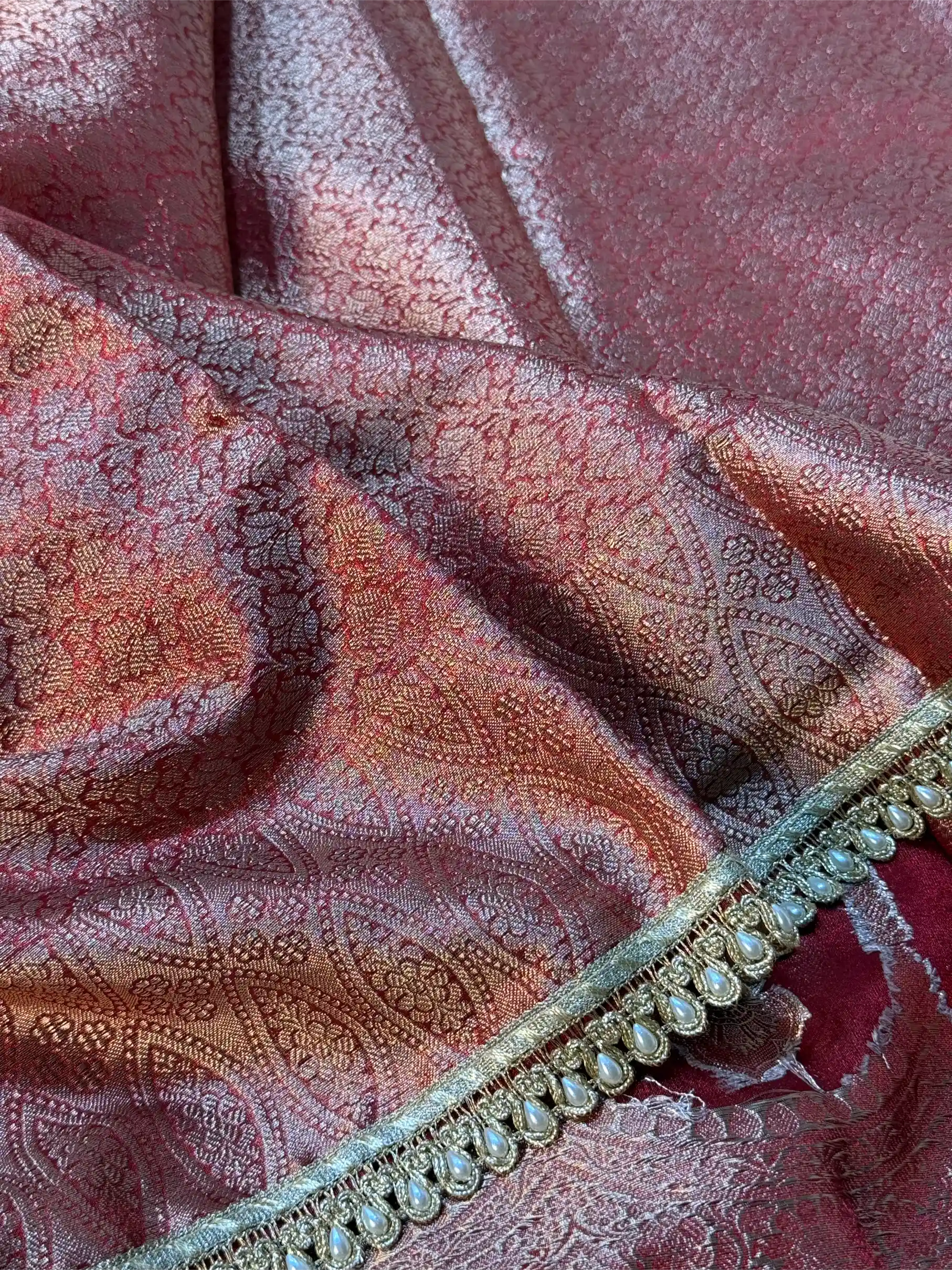 Carmine Red Soft Tissue Silk Lace Work Designer Banarasi Saree - Image 5