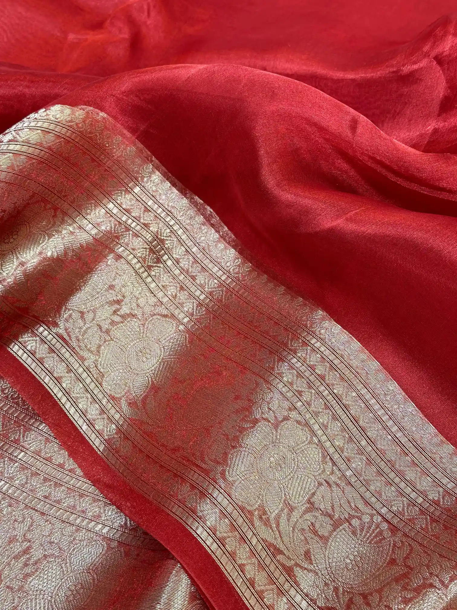 Carmine Red Pure Tissue Silk Banarasi Saree - Image 3
