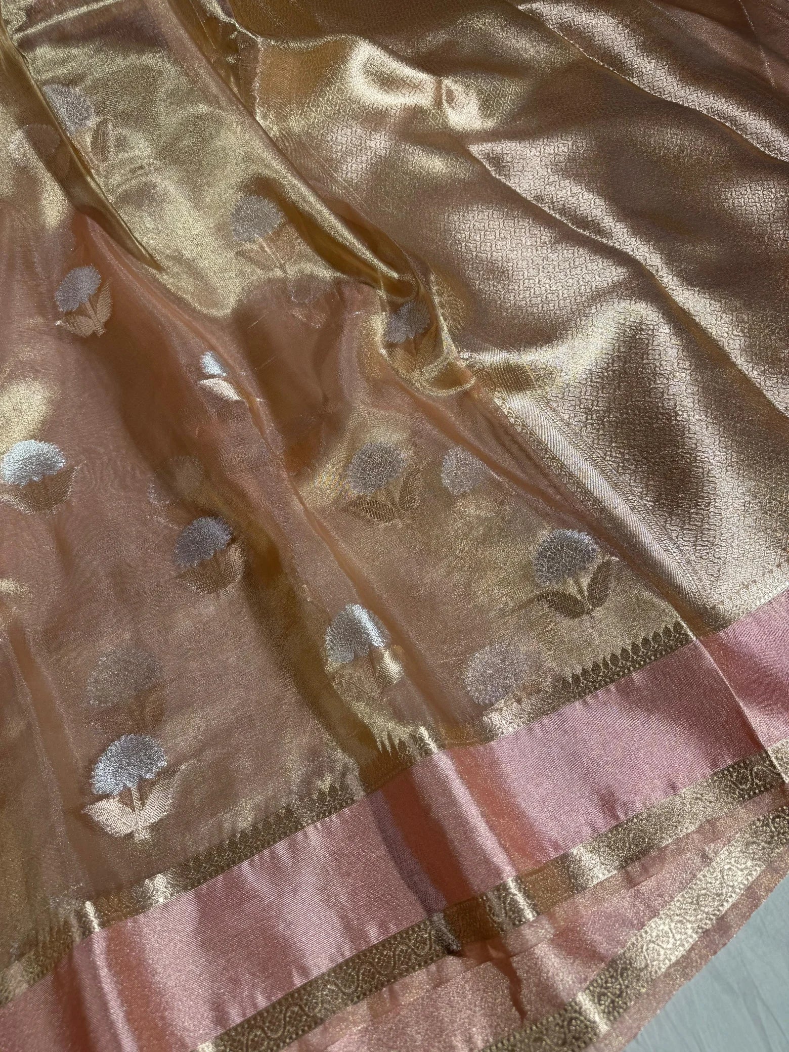 Baby Pink Tissue Silk Flower Buta Banarasi Saree - Image 2
