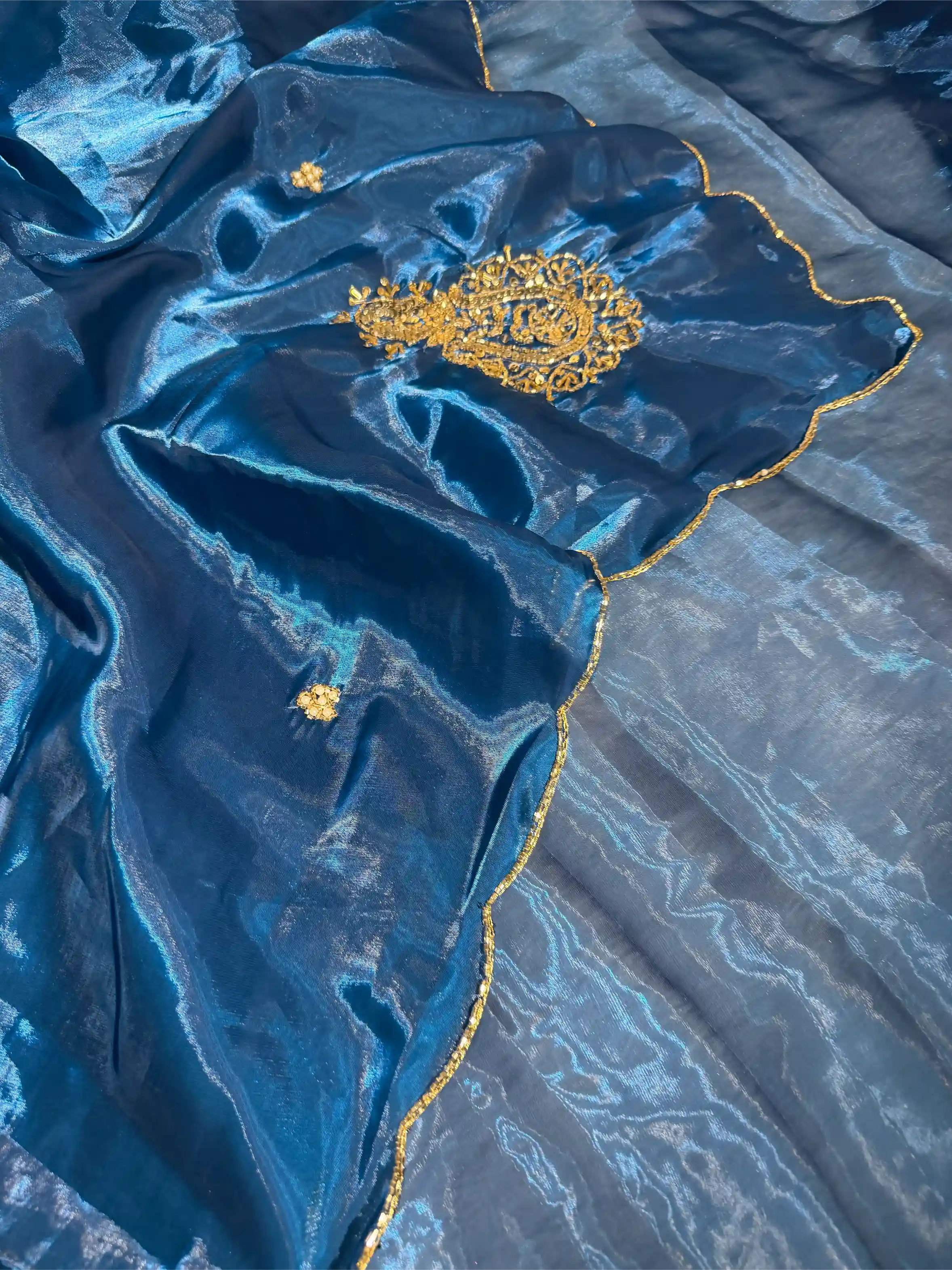 Cobalt Blue Shimmery Tissue Silk Handwork Saree - Image 2