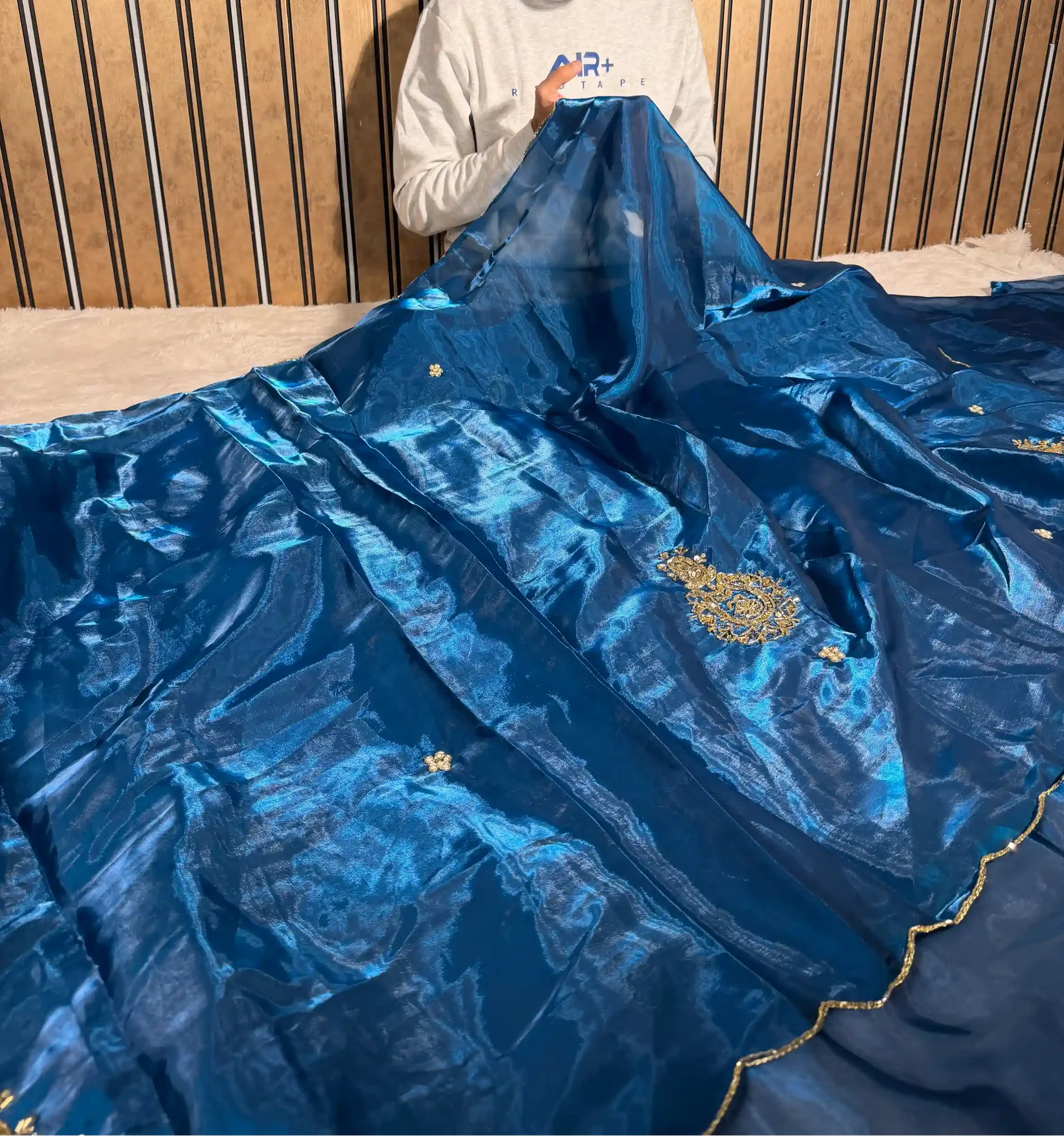 Cobalt Blue Shimmery Tissue Silk Handwork Saree - Image 3