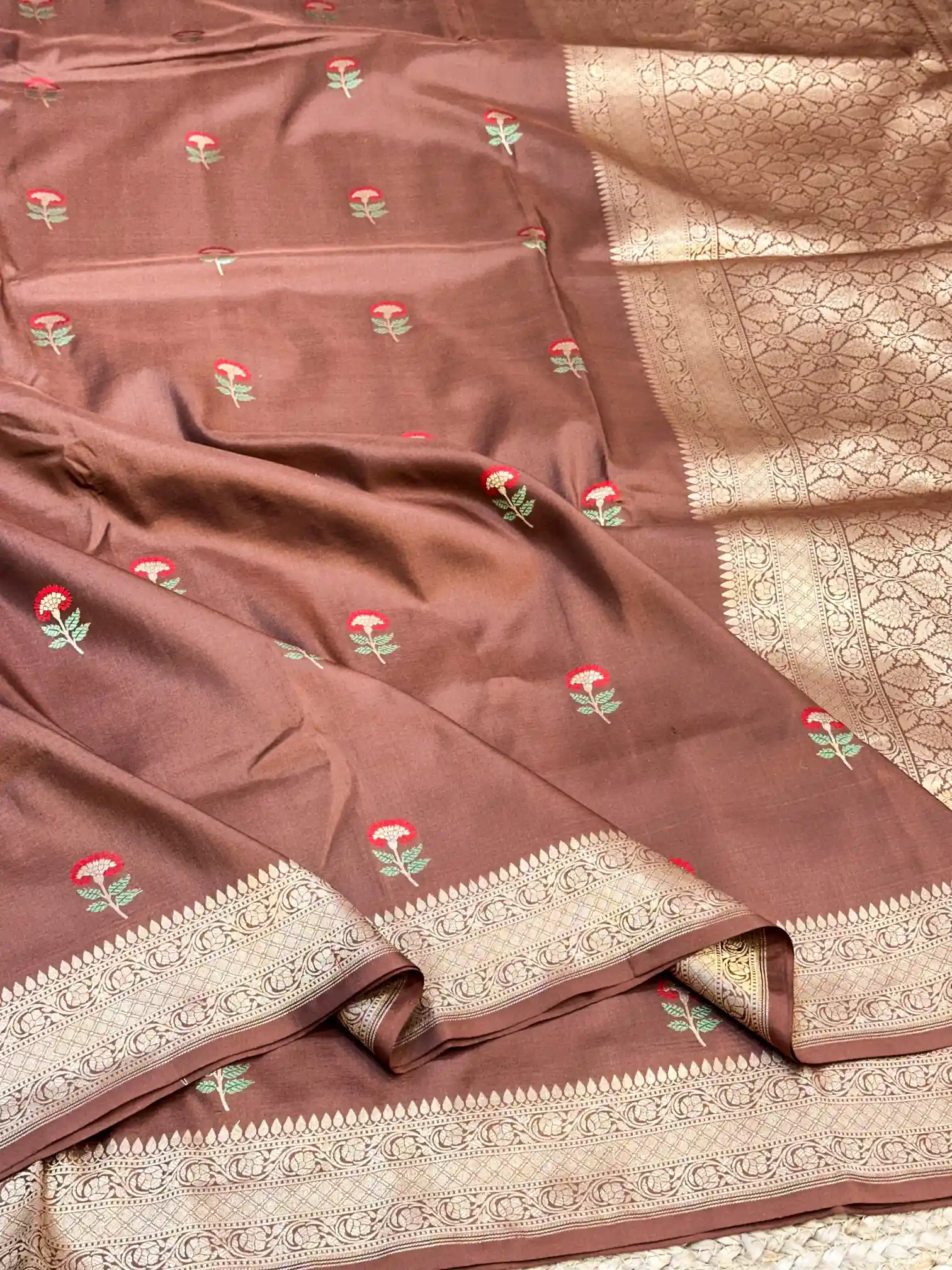 Coffee Brown Kadhua Inspired Pure Katan Silk Saree - Image 2