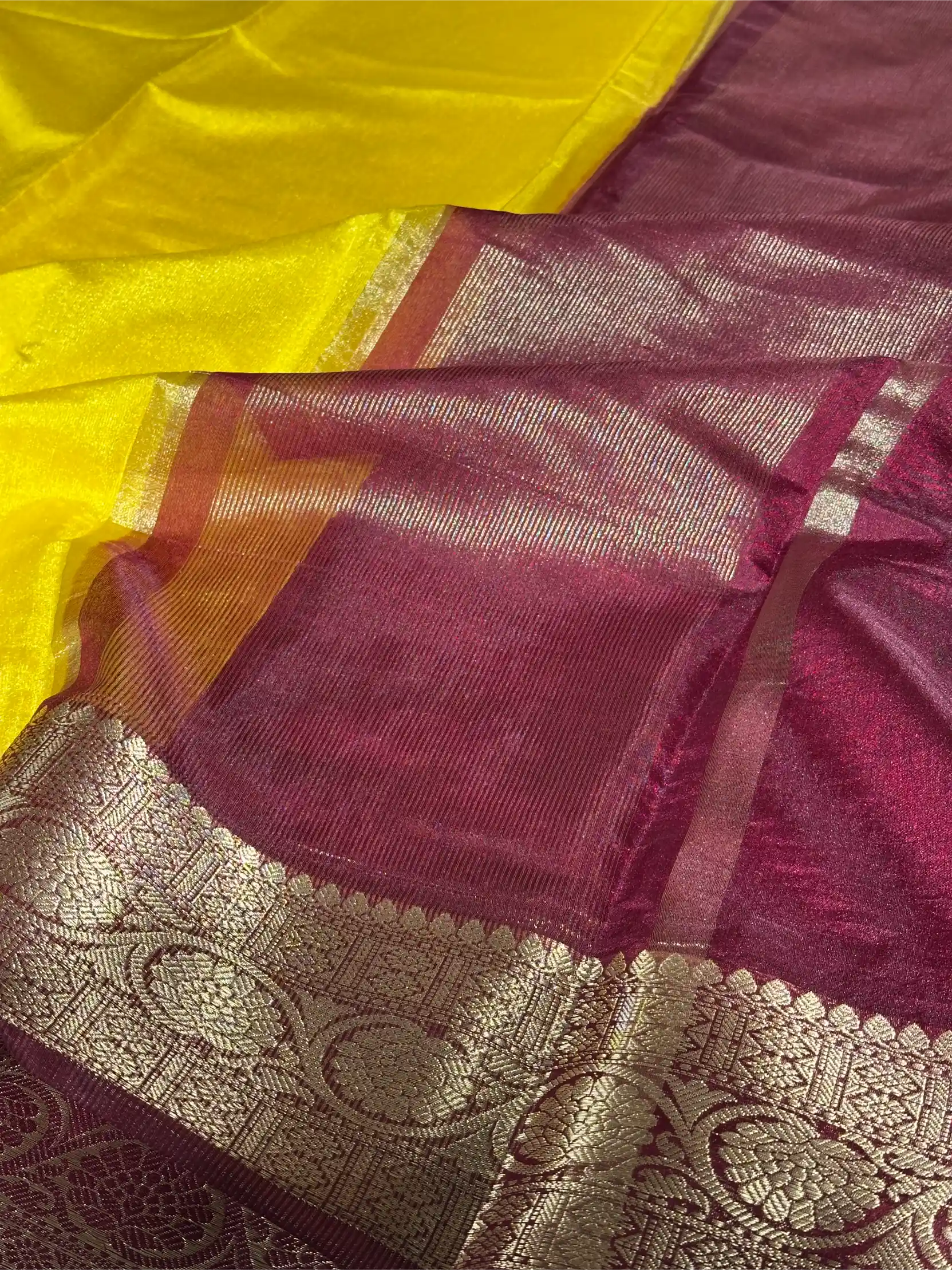 Contrast Mustard Mysore Crepe Silk Banarasi Saree - Image 5